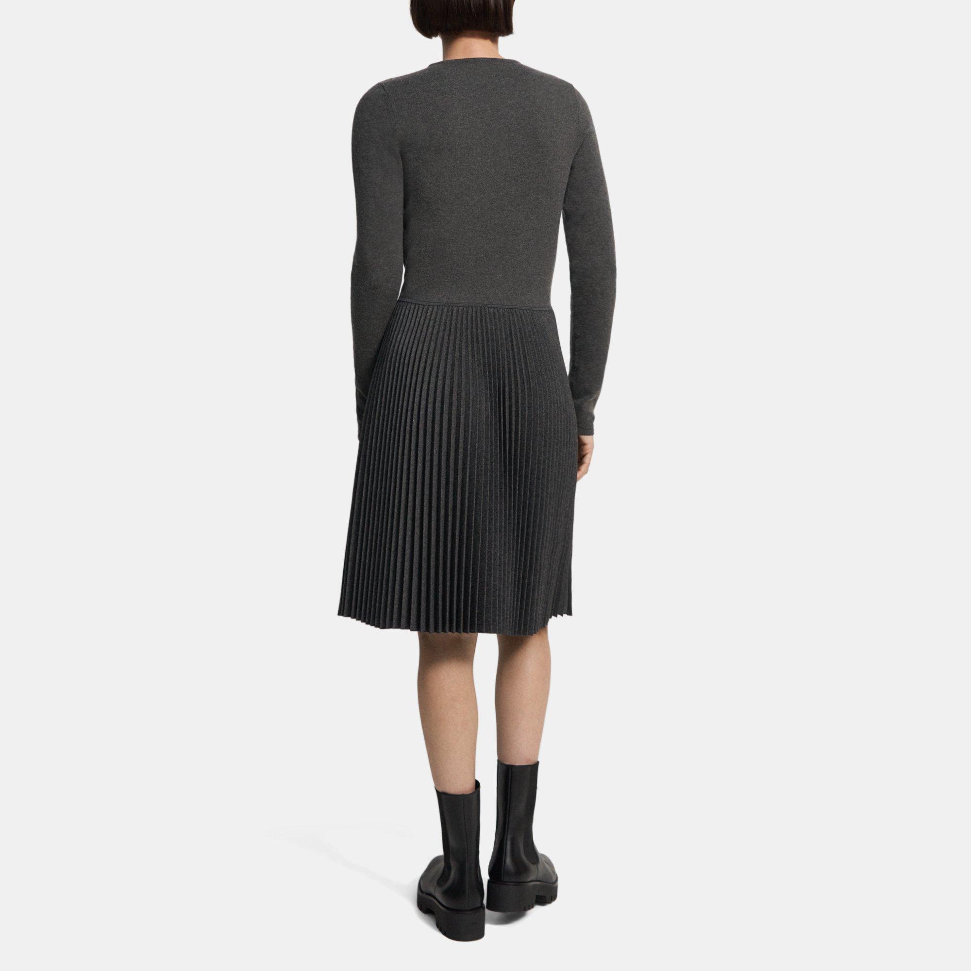 Black Wool-Blend Flannel Pleated Long Sleeve Dress | Theory Outlet