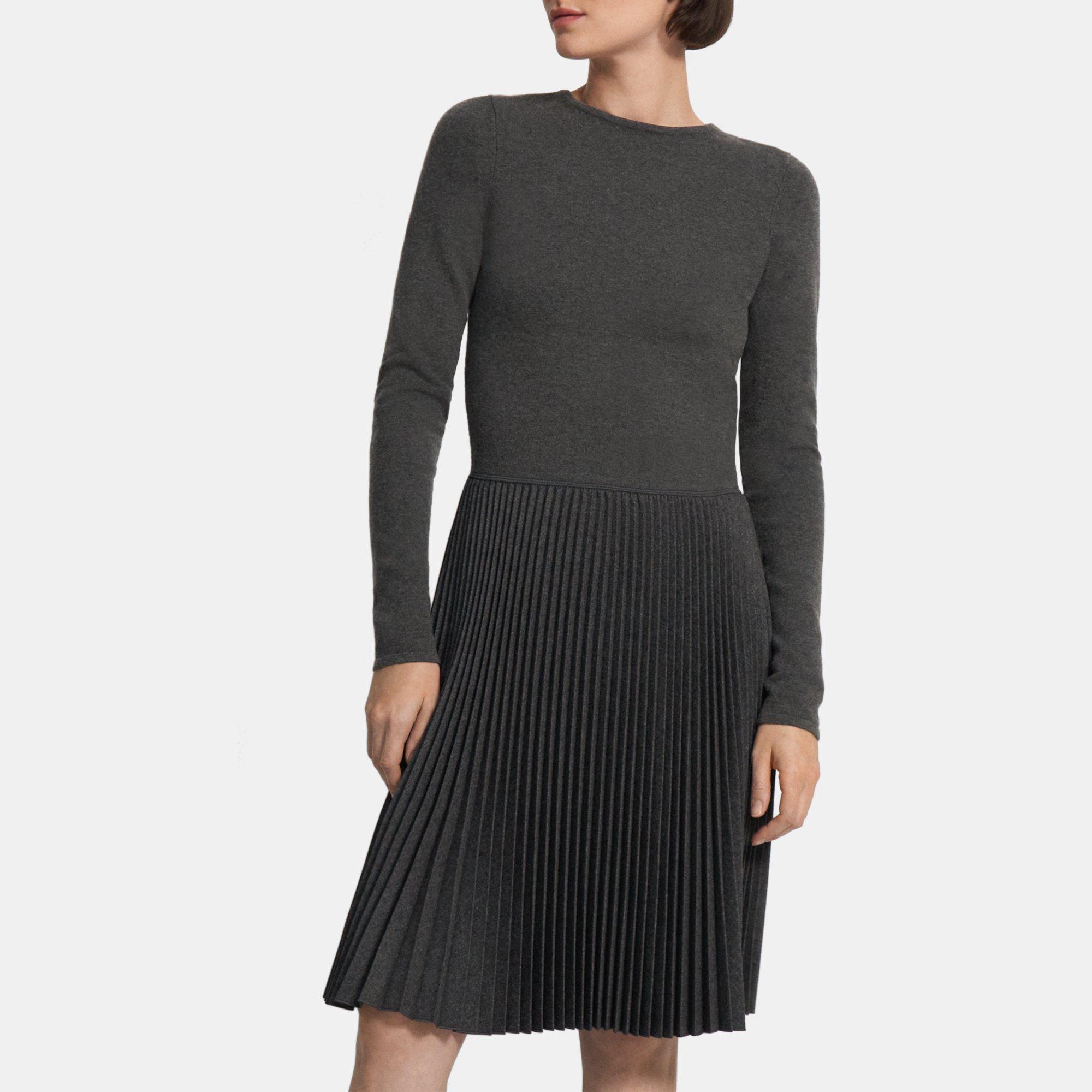 Theory Pleated Long Sleeve Dress in Wool-Blend Flannel