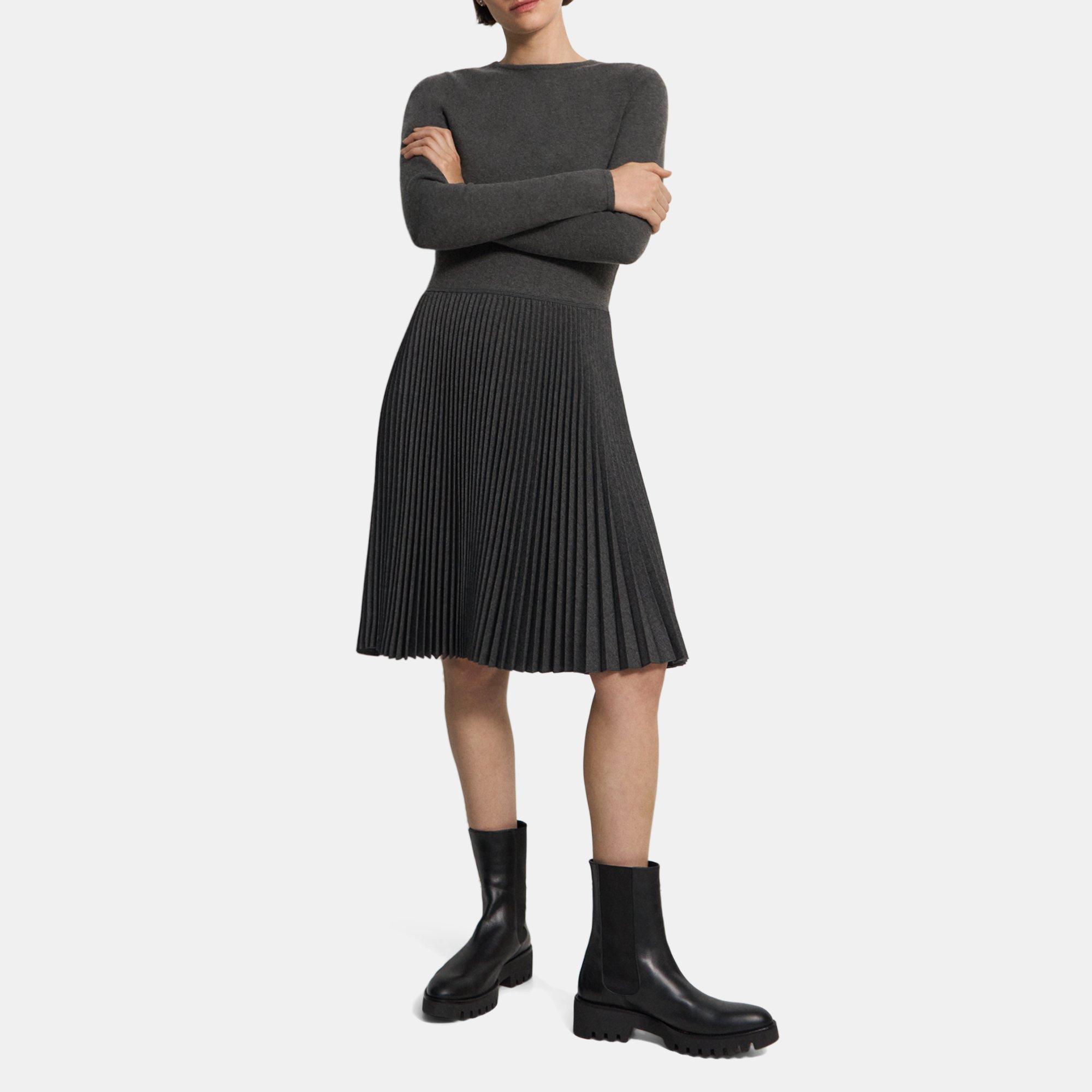 Black Wool-Blend Flannel Pleated Long Sleeve Dress | Theory Outlet