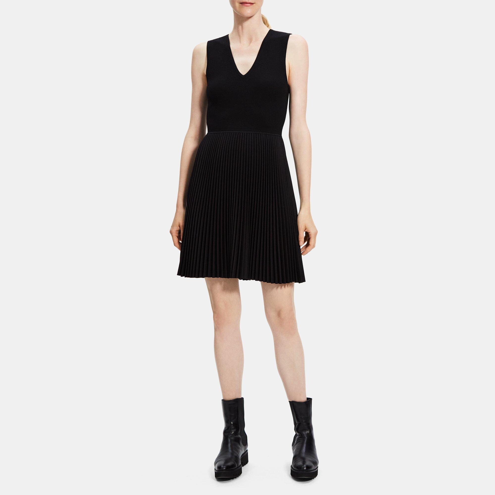 띠어리 Theory Pleated Combo Dress in Flannel,BLACK