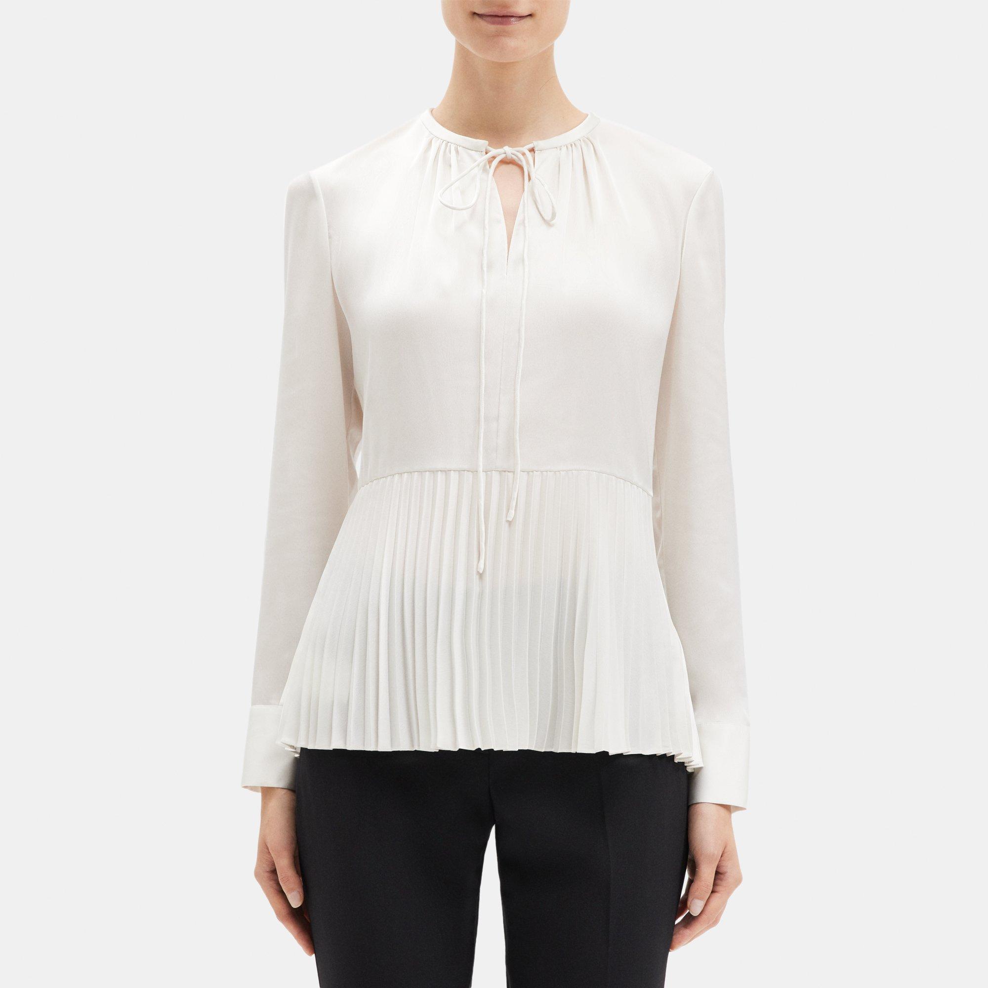 Theory Pleated Tie-Neck Blouse in Recycled Satin