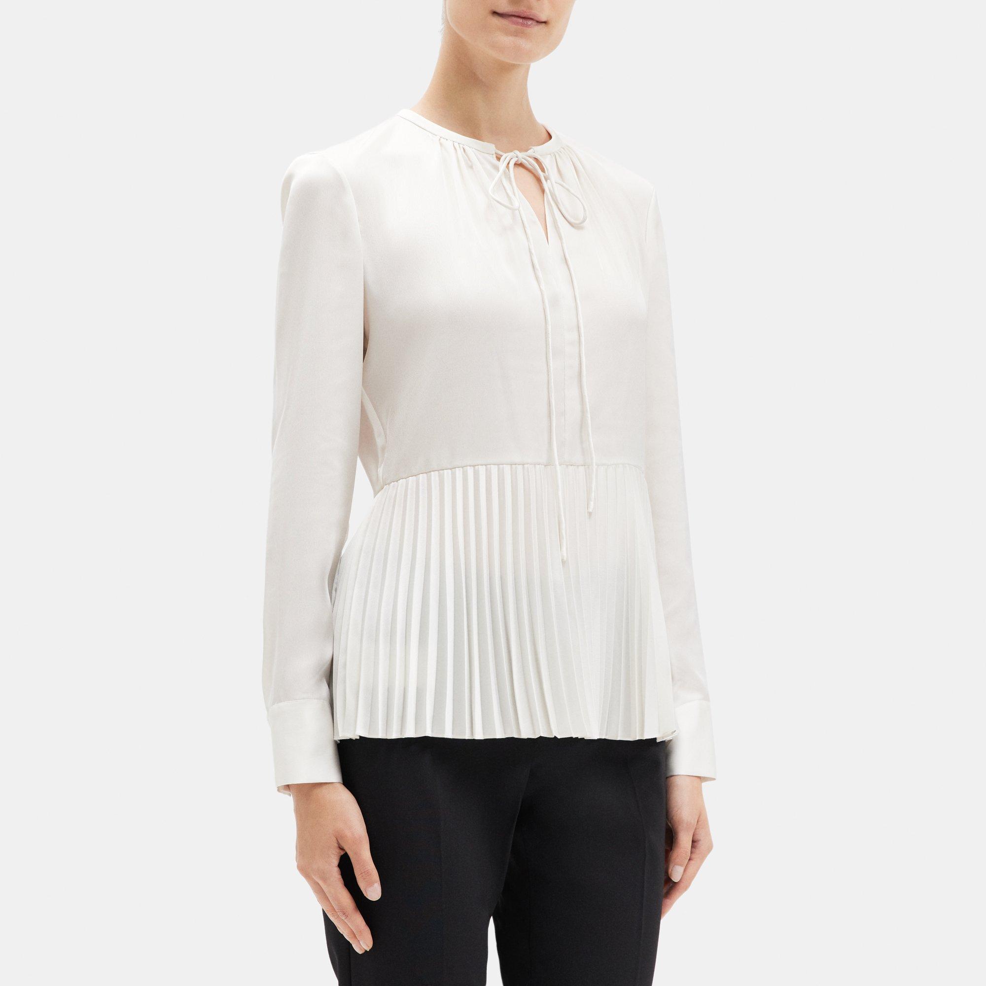 Pleated Tie-Neck Blouse in Recycled Satin