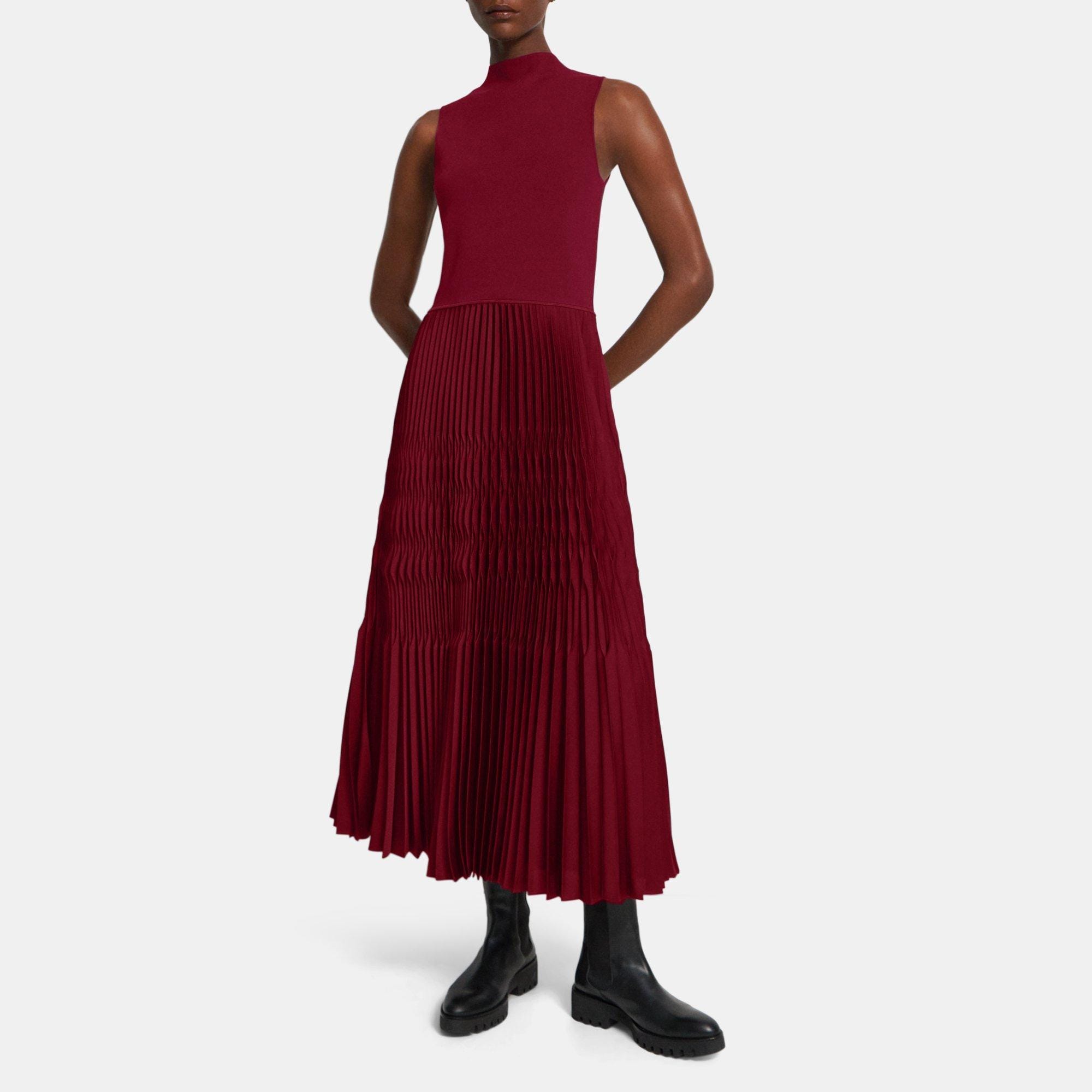 띠어리 Theory Knit Combo Dress in Recycled Satin,DEEP GARNET