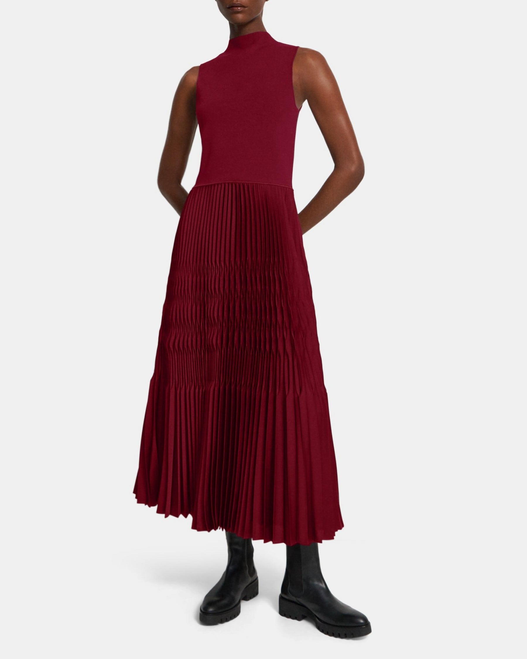 띠어리 Theory Knit Combo Dress in Recycled Satin,DEEP GARNET