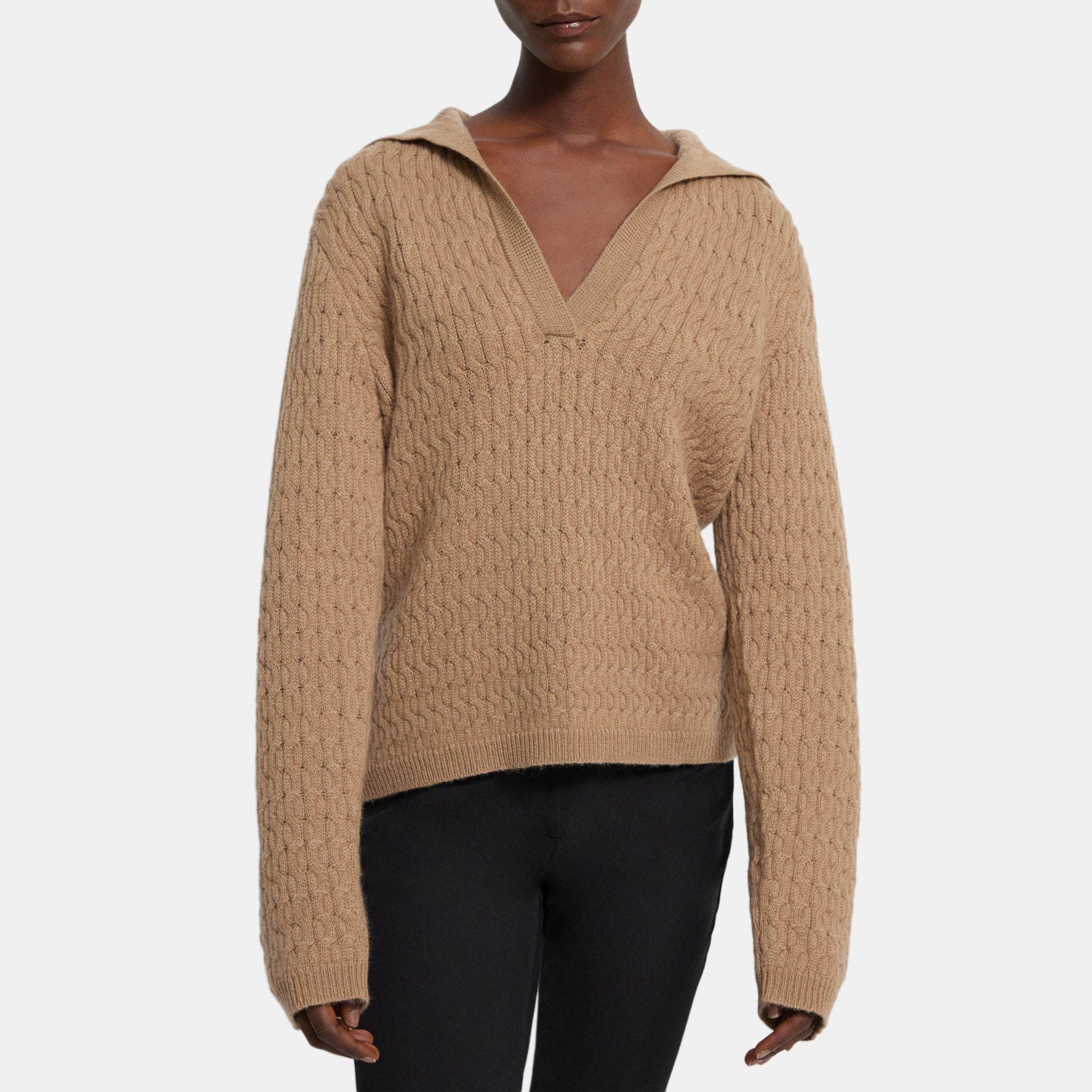 Beige Felted Wool-Cashmere Cable Knit Polo Sweater | Theory Outlet