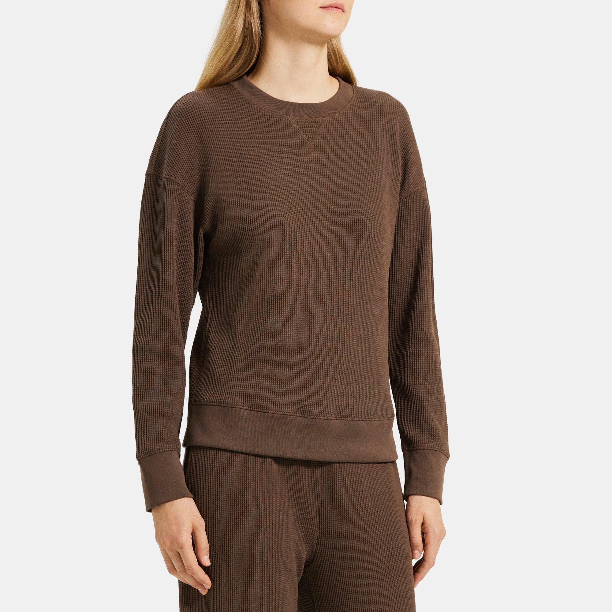 띠어리 Theory Easy Crewneck Sweatshirt in Waffle Knit Cotton,BROWNSTONE