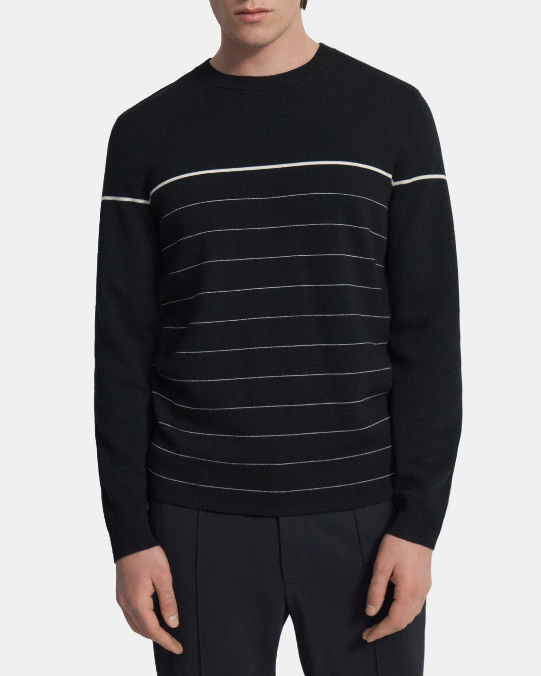 띠어리 Theory Crewneck Sweater in Merino Wool,BLACK BASE/WHITE STRIPE