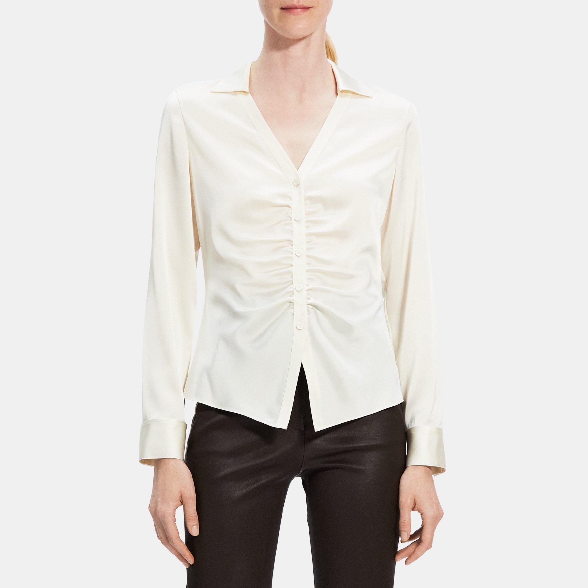Theory Ruched Button-Up Shirt in Satin