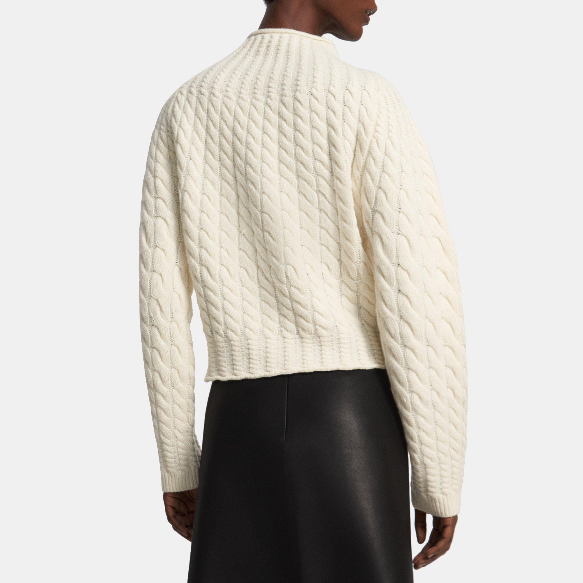 White Felted WoolCashmere Cable Knit Mock Neck Sweater Theory Outlet