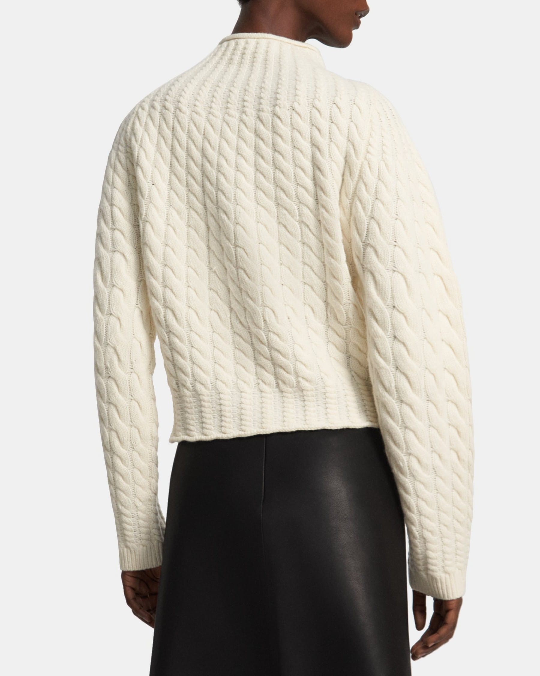 White Felted Wool-Cashmere Cable Knit Mock Neck Sweater | Theory Outlet