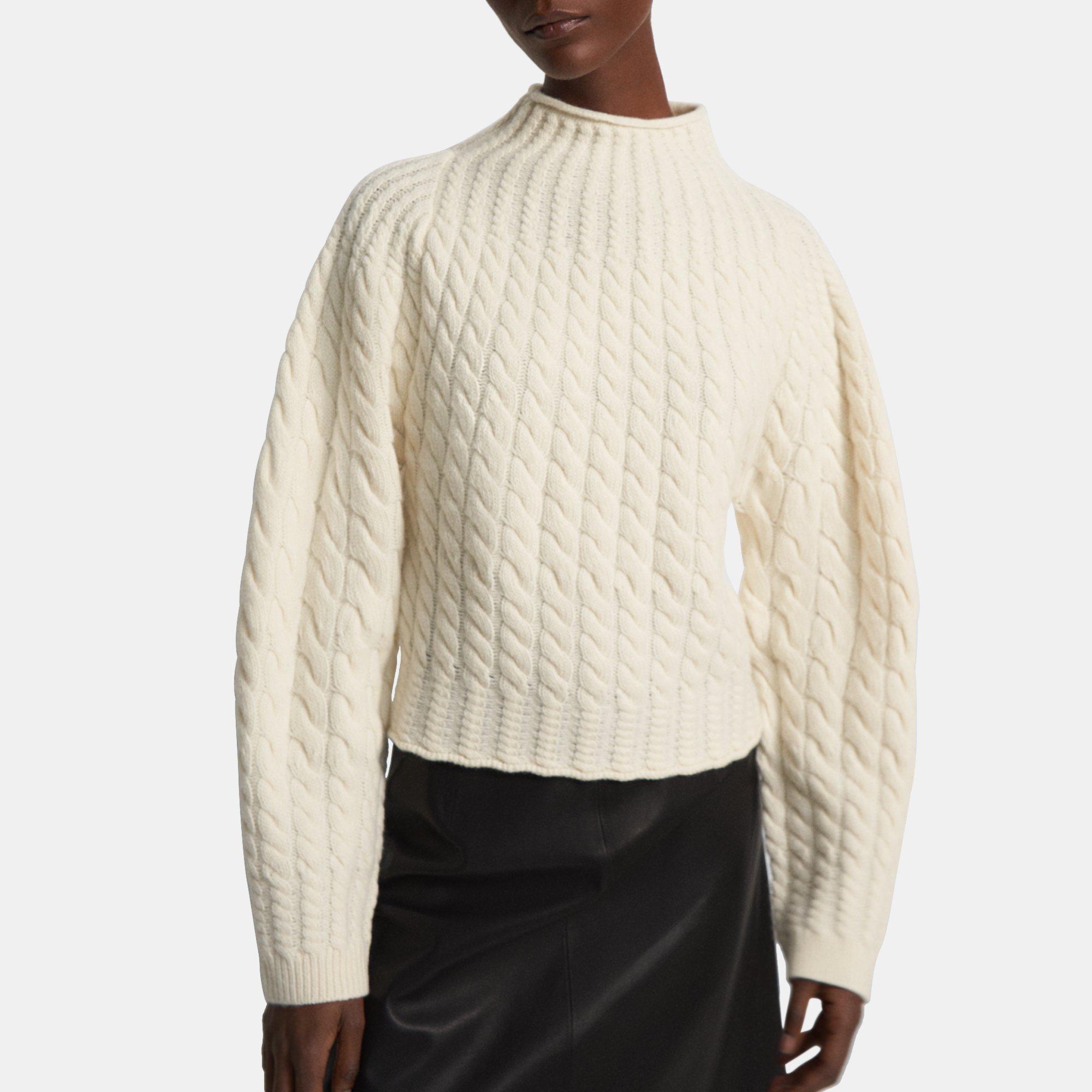 White Felted Wool Cashmere Cable Knit Mock Neck Sweater Theory