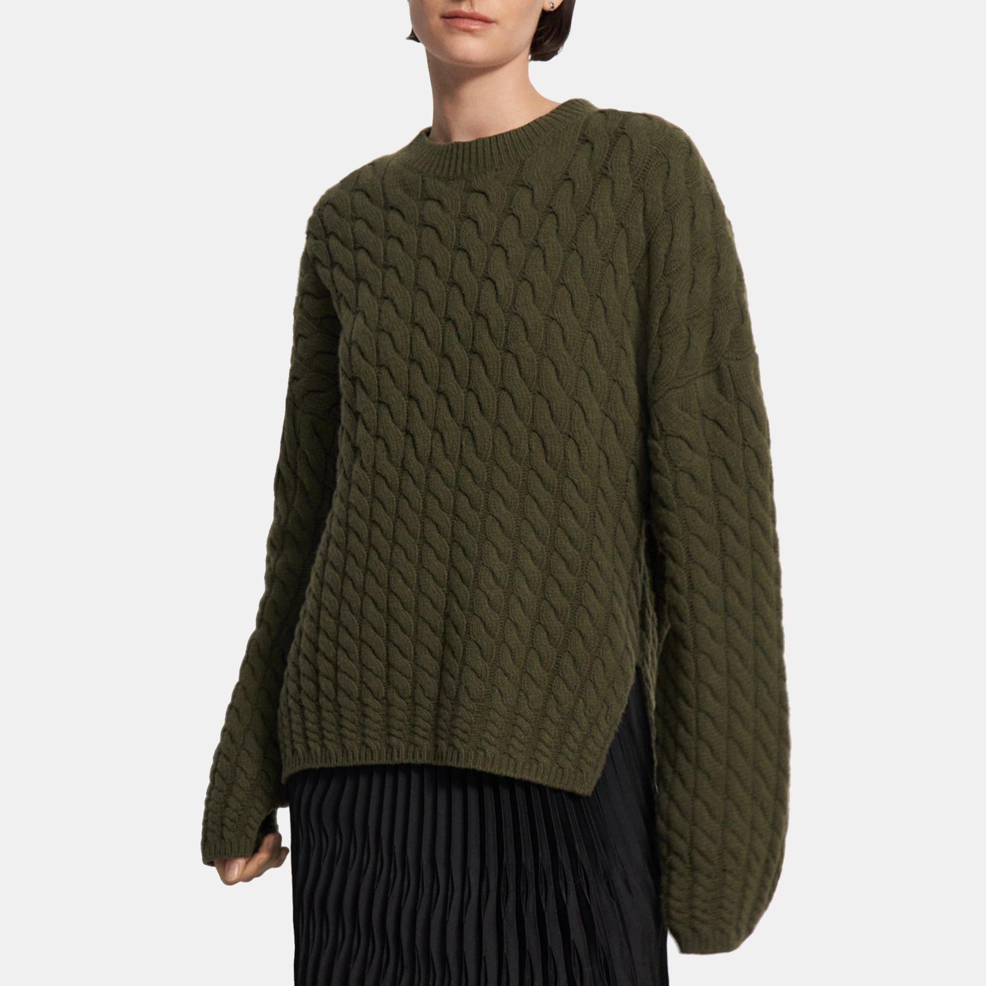 Green Felted Wool-Cashmere Cable Knit Crewneck Sweater | Theory Outlet