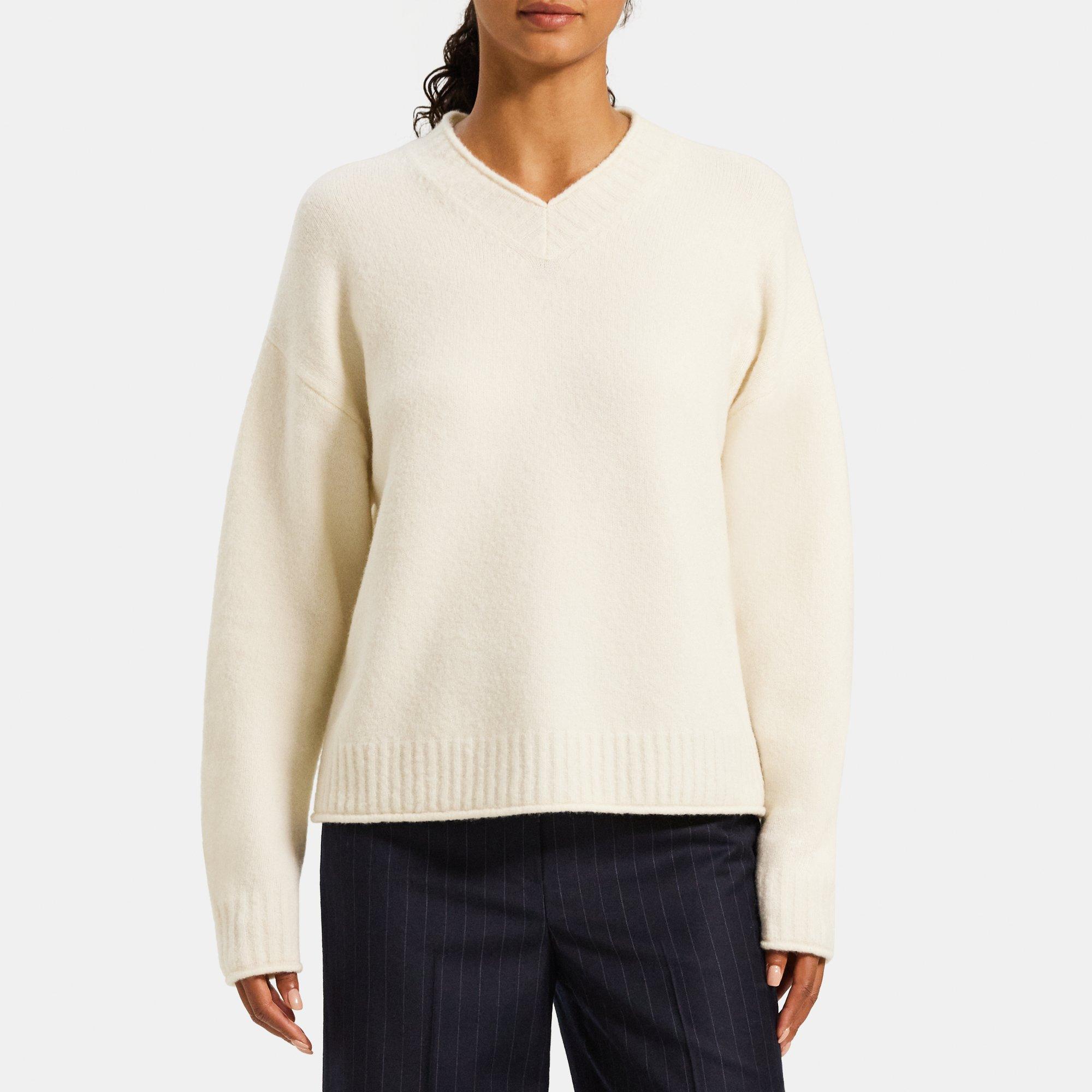 띠어리 Theory High V-Neck Sweater in Wool-Blend,IVORY
