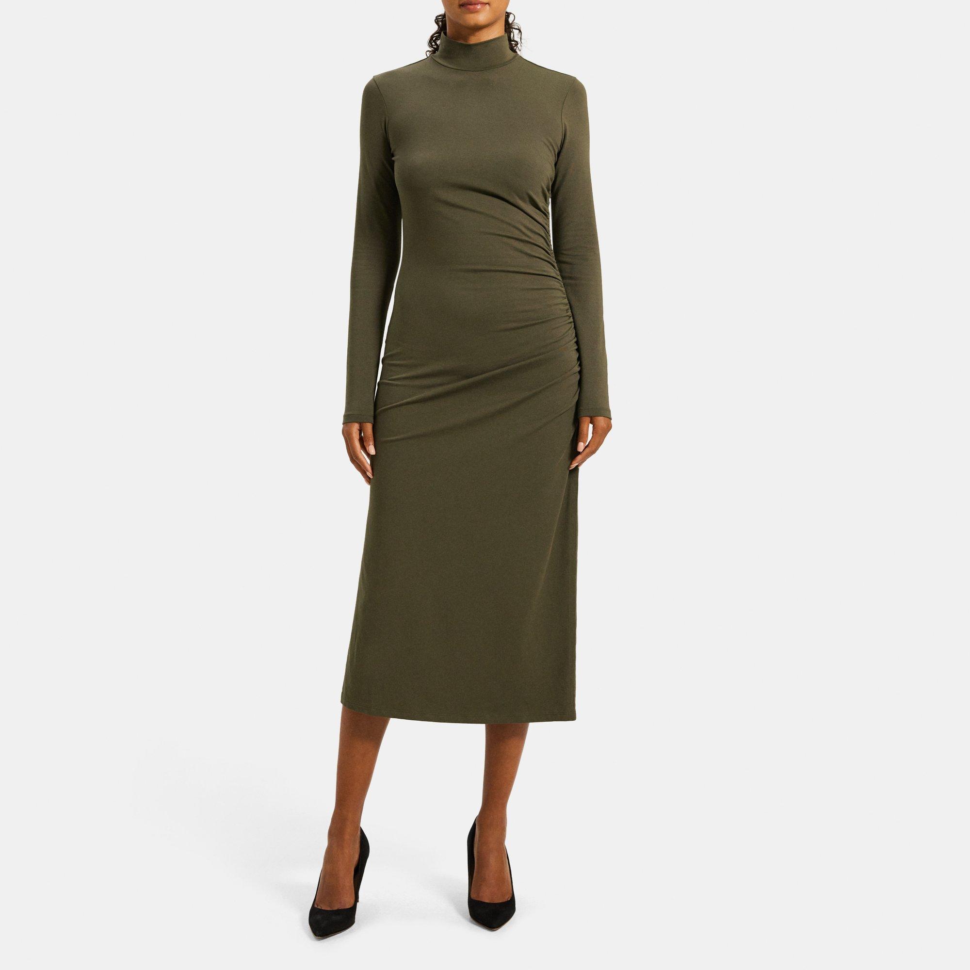 Theory Ruched Turtleneck Dress in Pima Cotton Jersey