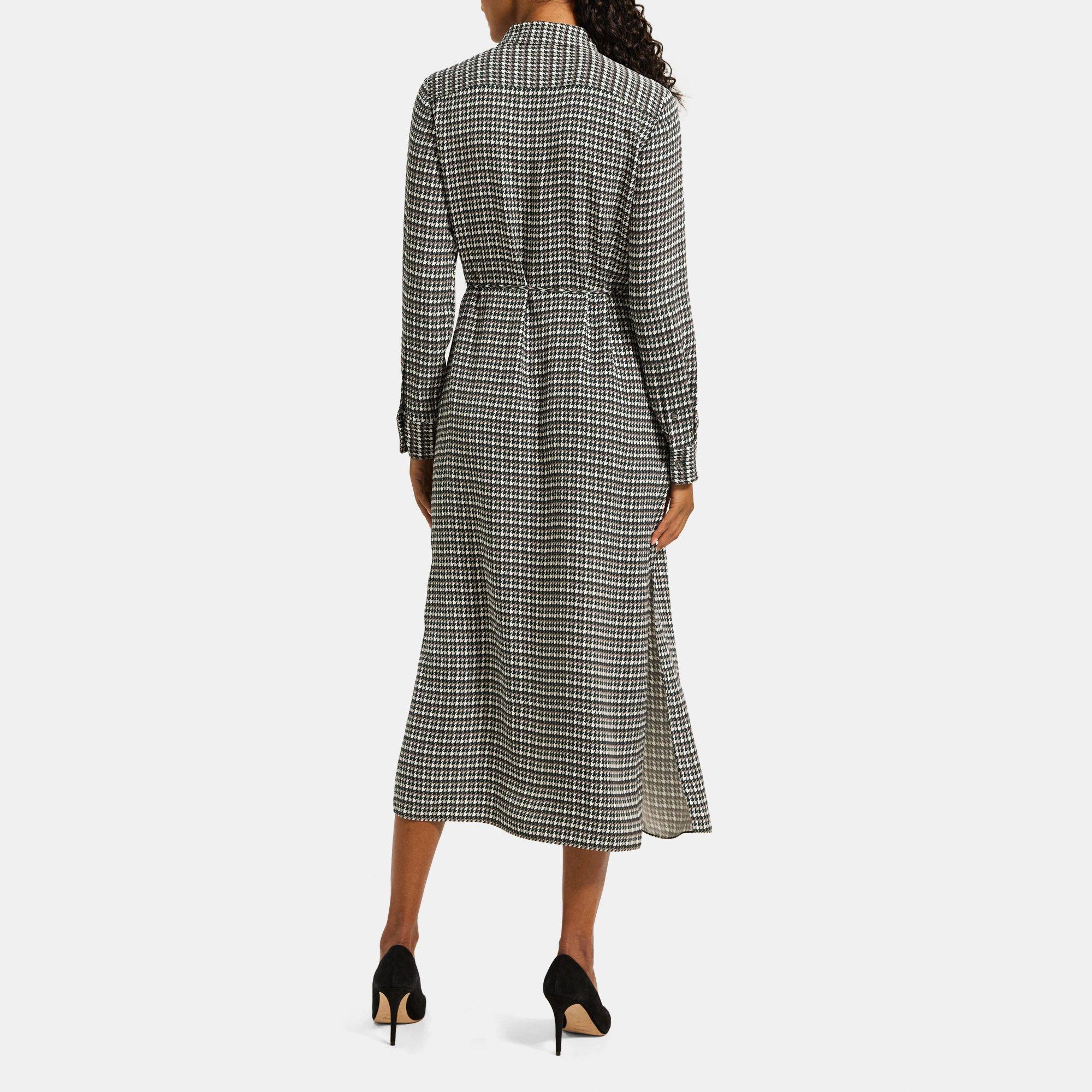 Belted Shirt Dress in Houndstooth Viscose