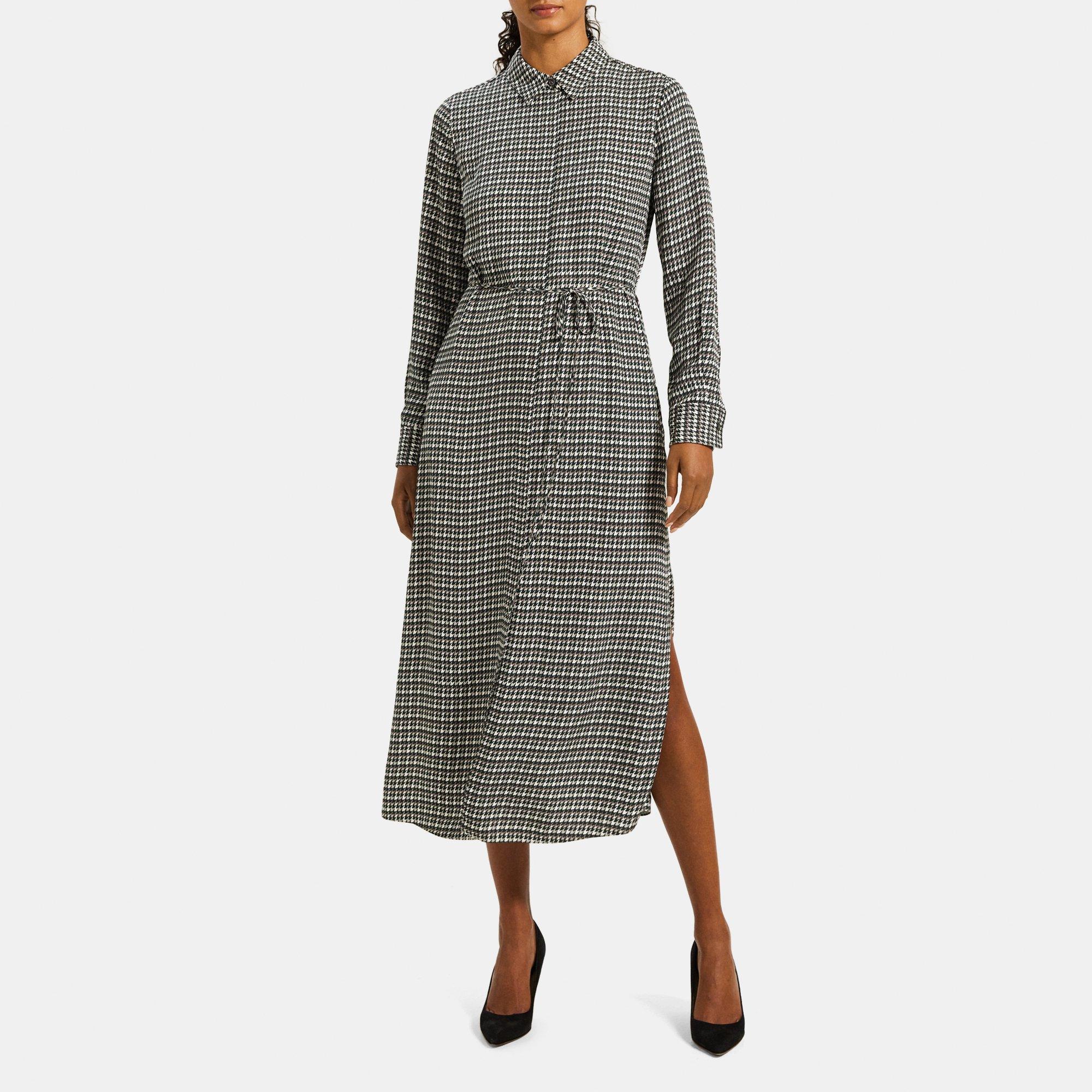 Theory Belted Shirt Dress in Houndstooth Viscose