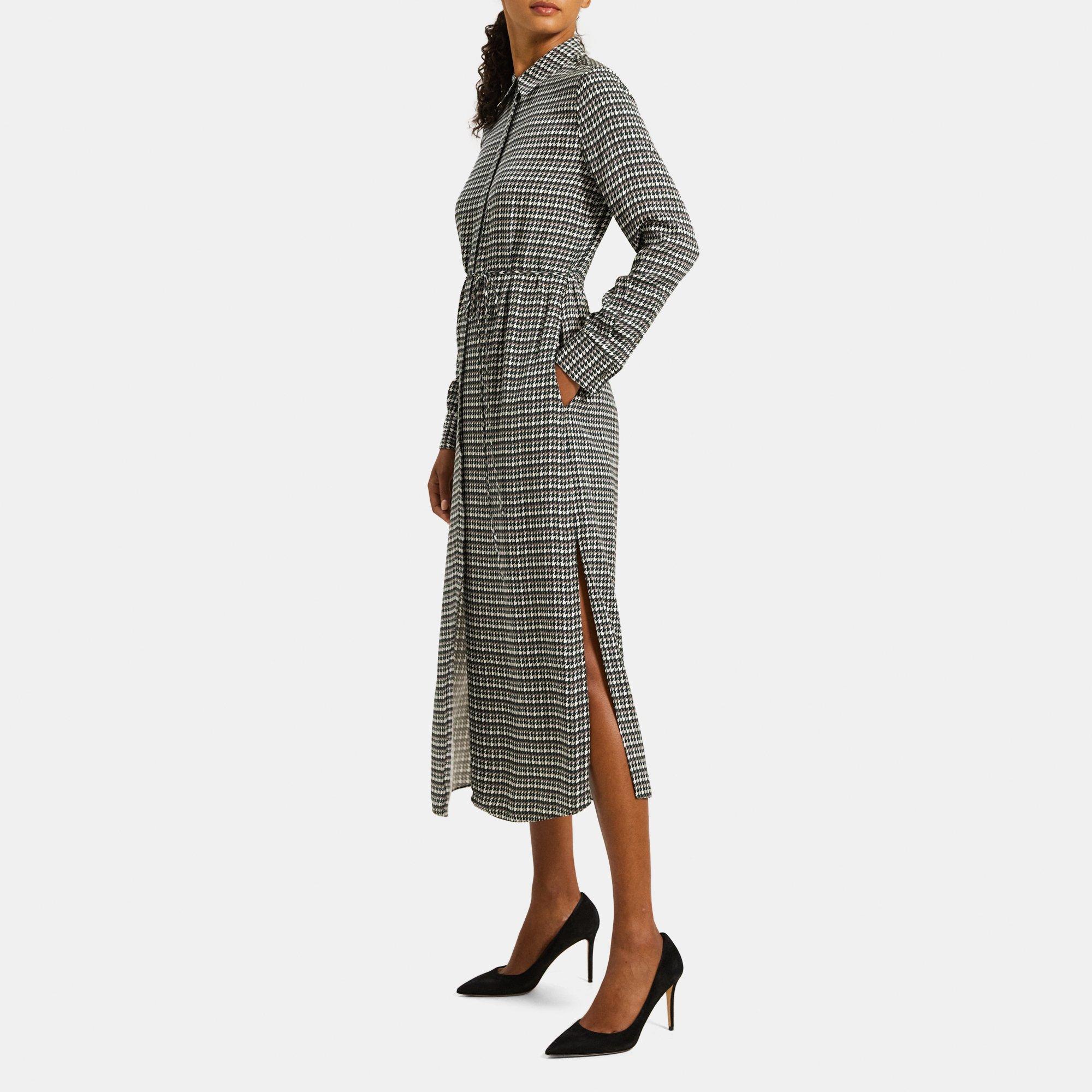 Belted Shirt Dress in Houndstooth Viscose