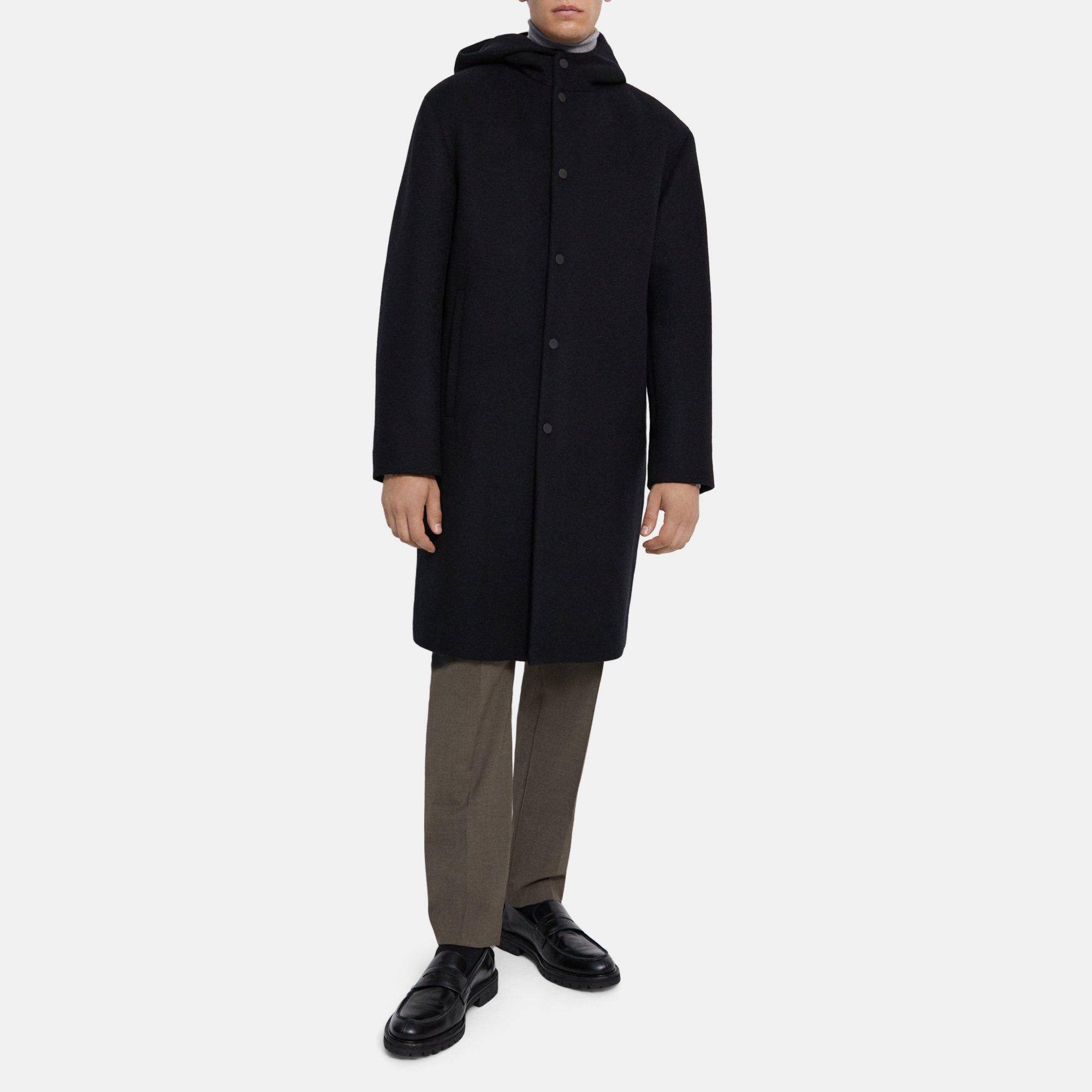 Black Recycled Wool Melton Hooded Coat | Theory Outlet