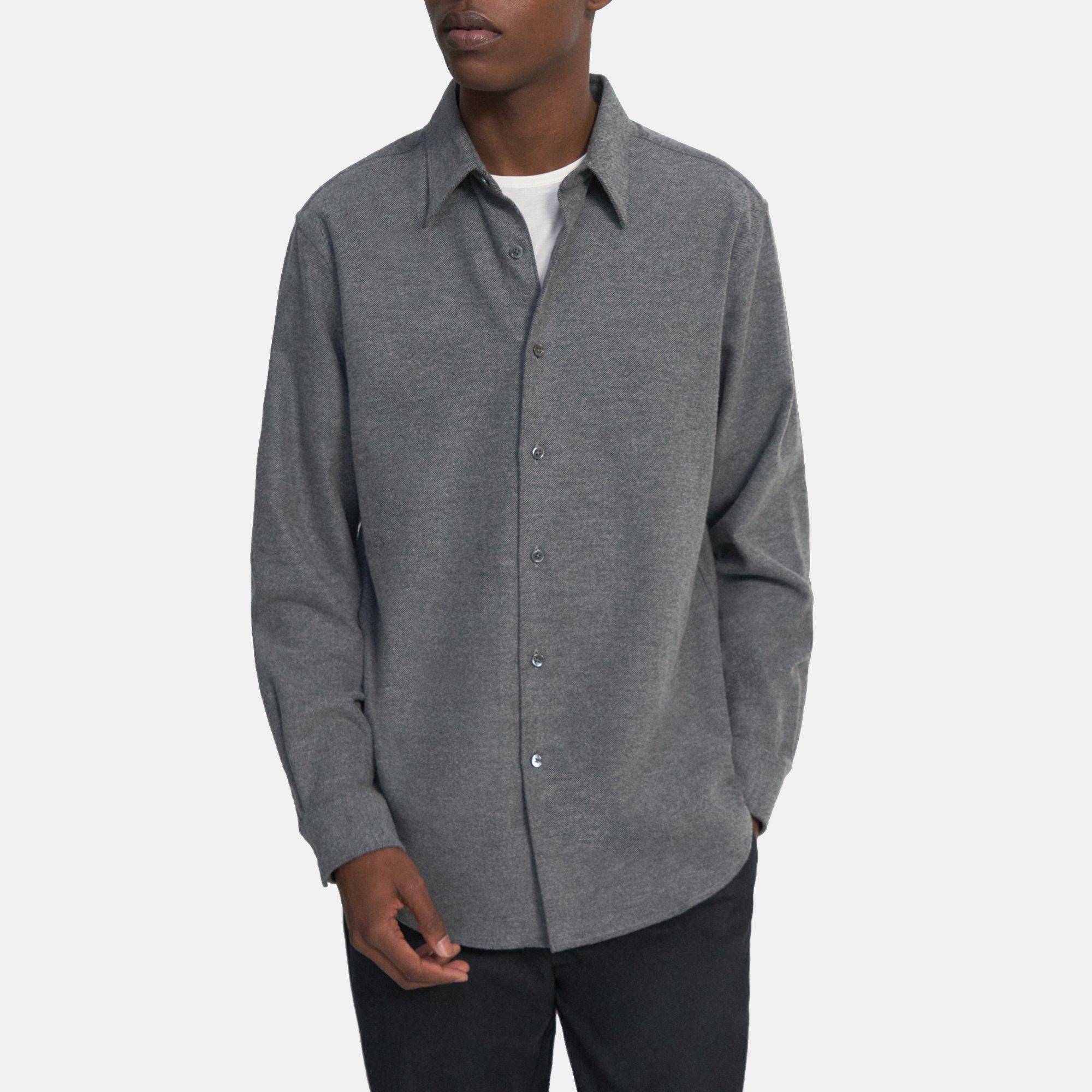 띠어리 Theory Long-Sleeve Shirt in Cotton Flannel,MEDIUM GREY/BLACK