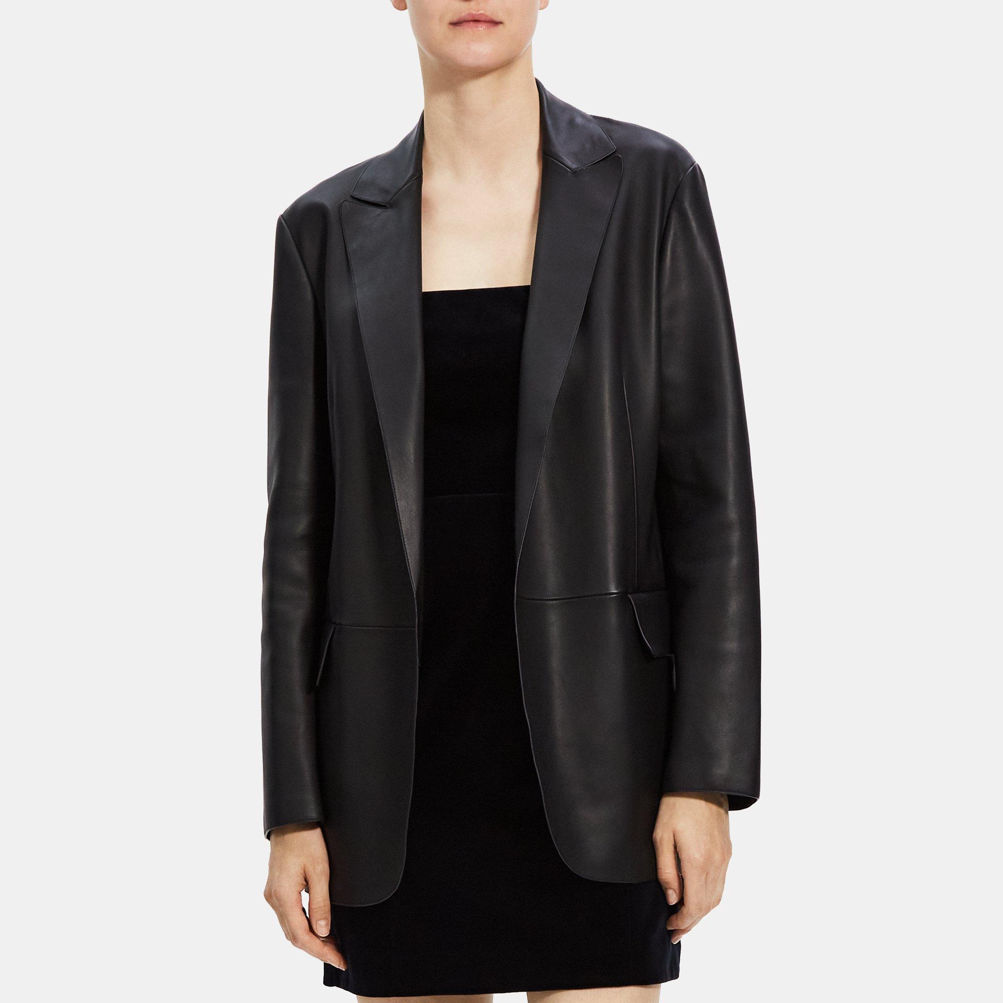Black Leather Relaxed Blazer | Theory
