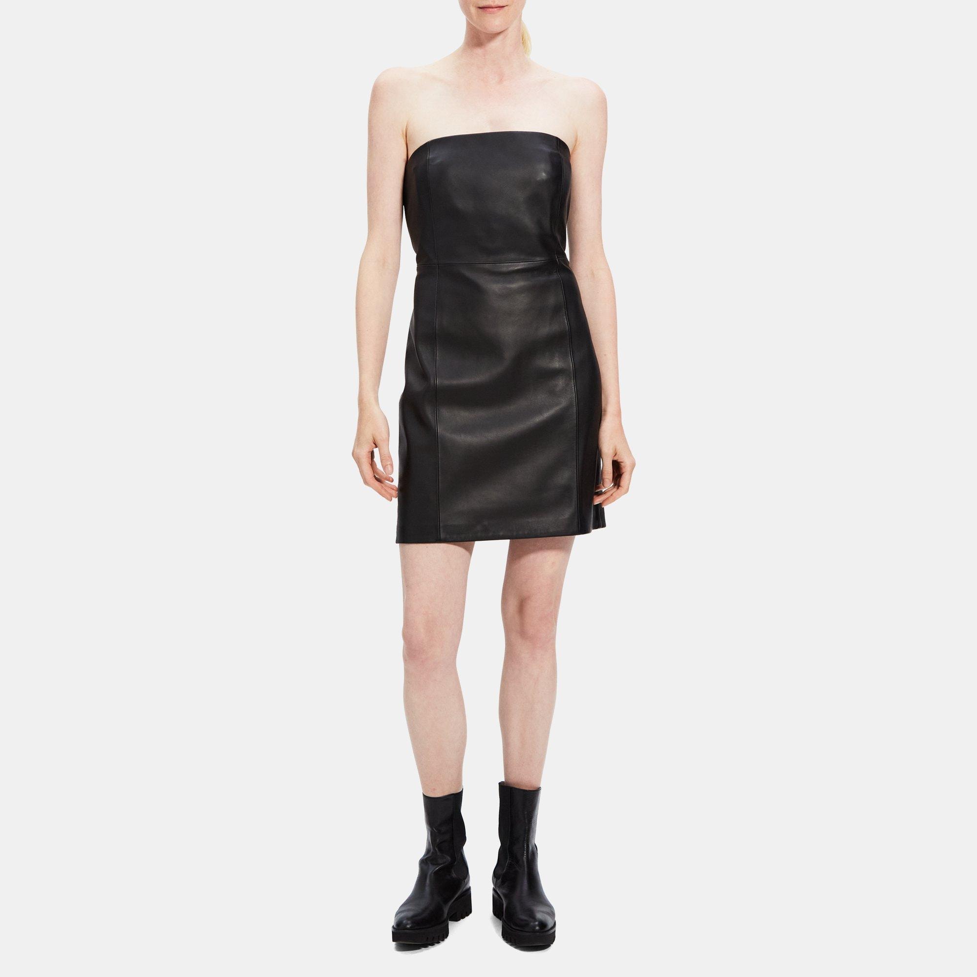 띠어리 Theory Strapless Mini Dress in Leather,BLACK