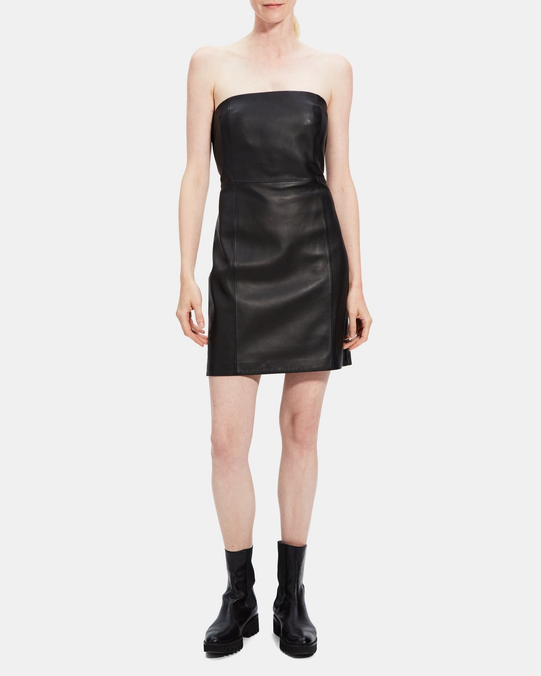 띠어리 Theory Strapless Mini Dress in Leather,BLACK