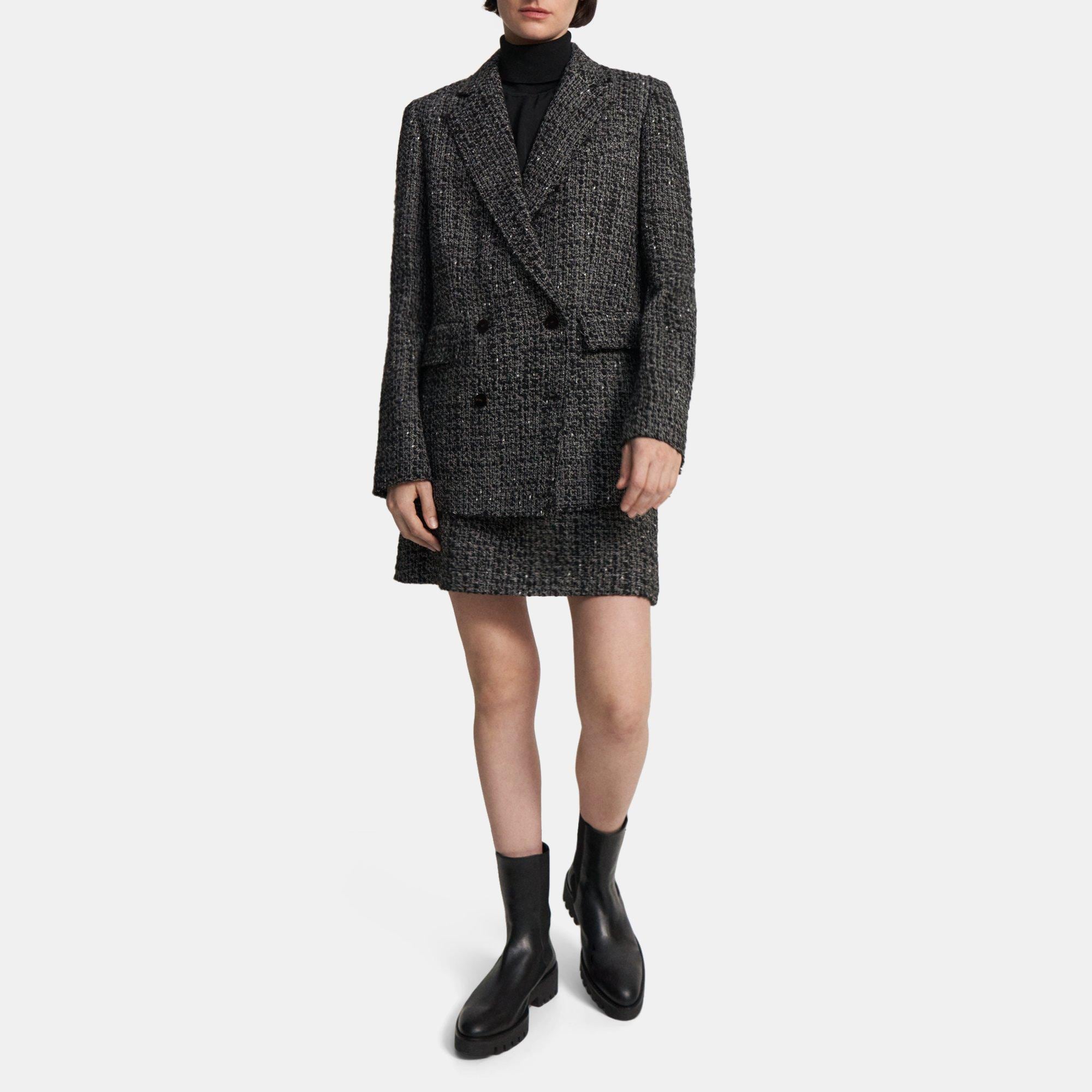 Black Wool-Blend Tweed Double-Breasted Jacket | Theory Outlet