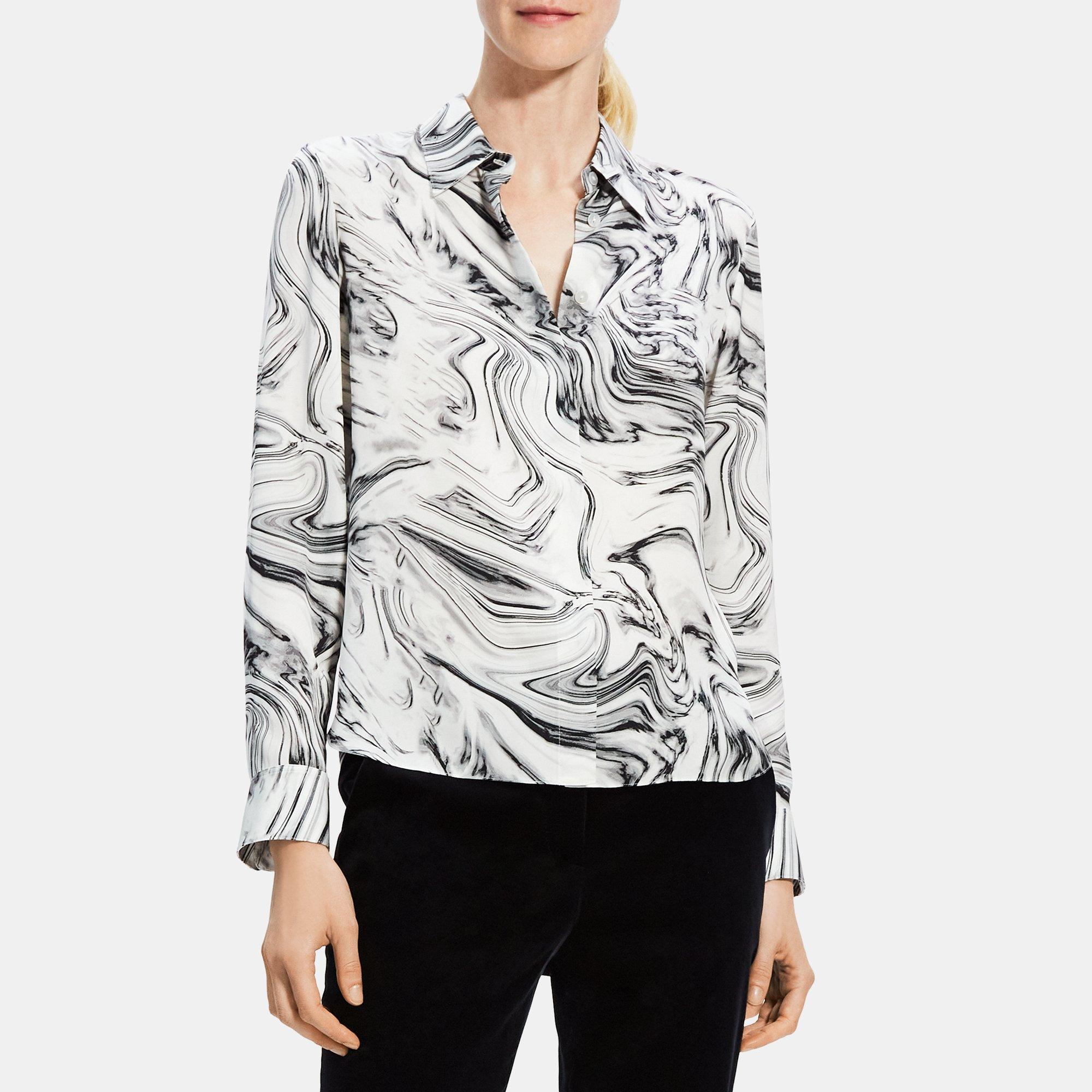 띠어리 Theory Straight Shirt in Printed Silk Georgette,WHITE MULTI