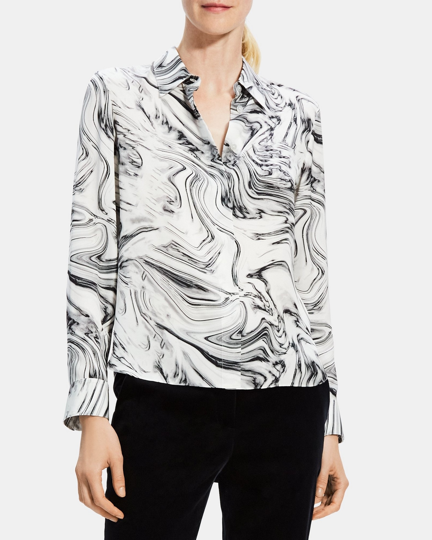 띠어리 Theory Straight Shirt in Printed Silk Georgette,WHITE MULTI