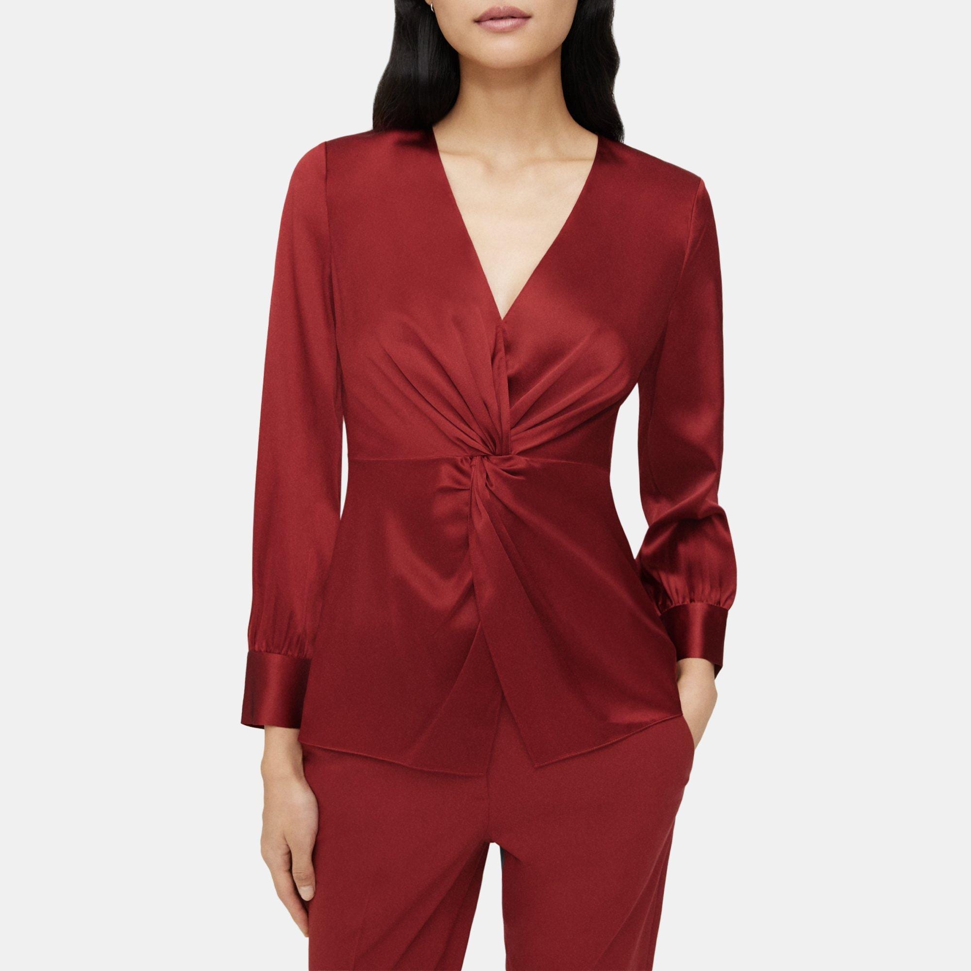 띠어리 Theory Twist Blouse in Stretch Silk Satin,RED DAHLIA