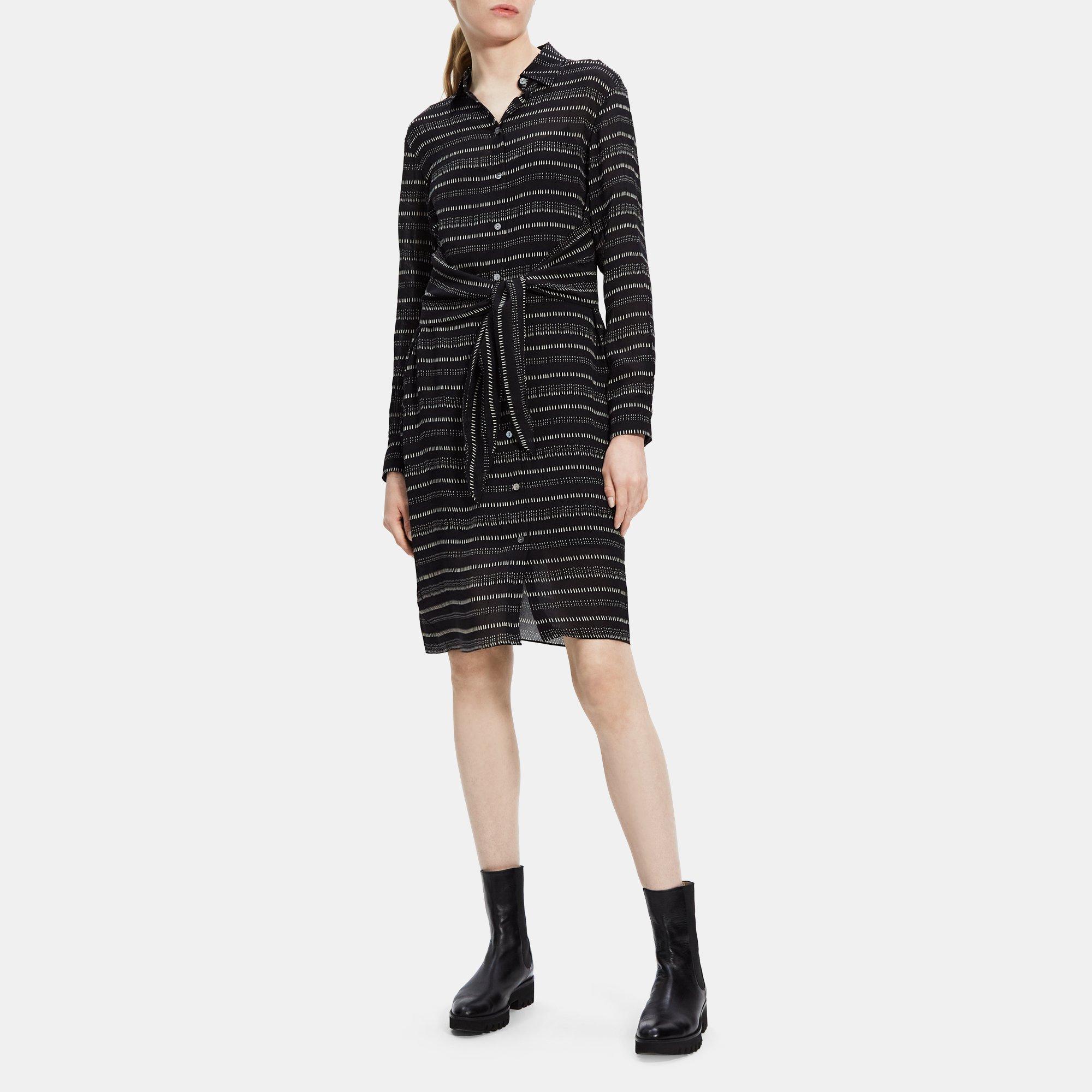 띠어리 Theory Tie-Waist Shirt Dress in Printed Silk Crepe,BLACK MULTI