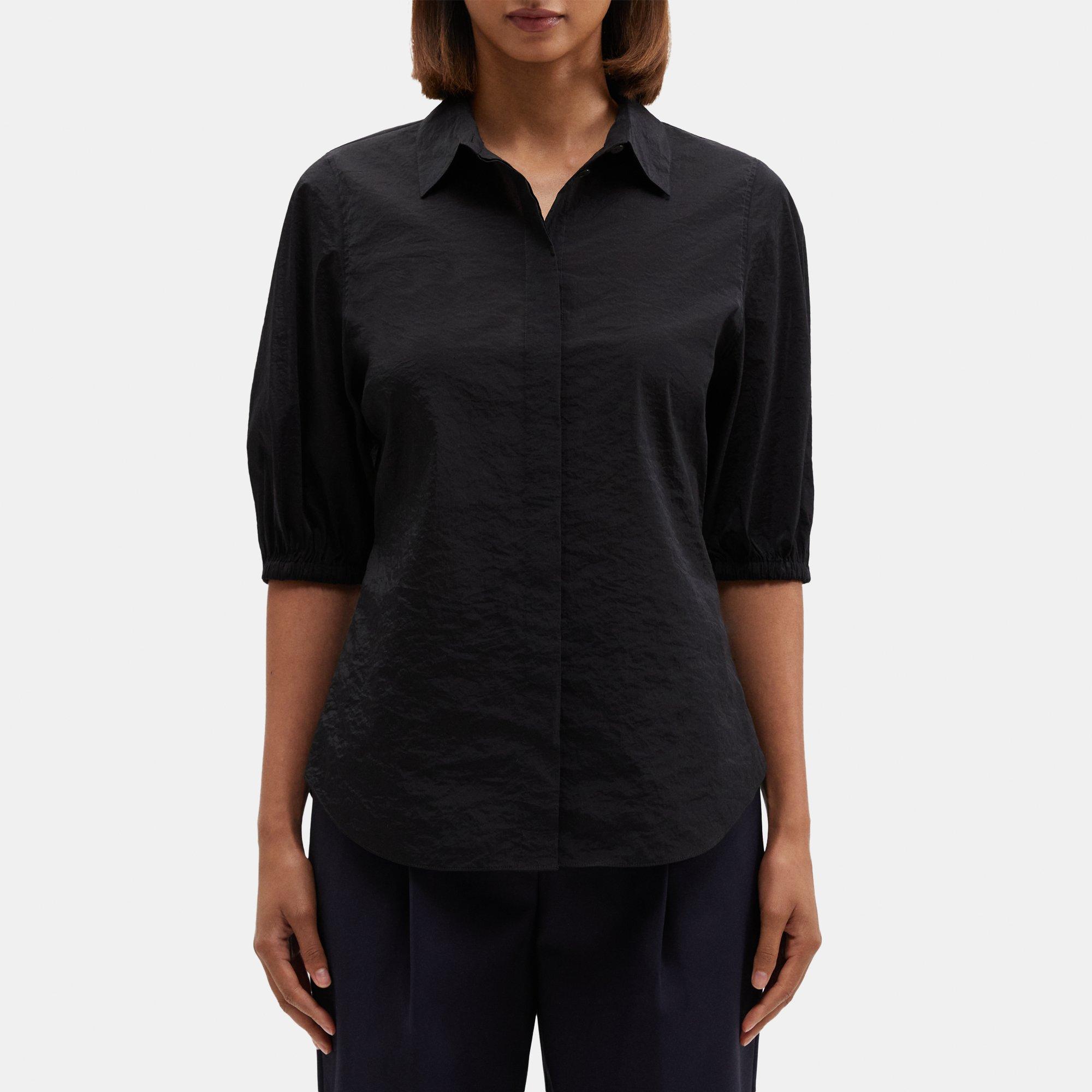 띠어리 Theory Cinched Short-Sleeve Shirt in Tech Taffeta,BLACK