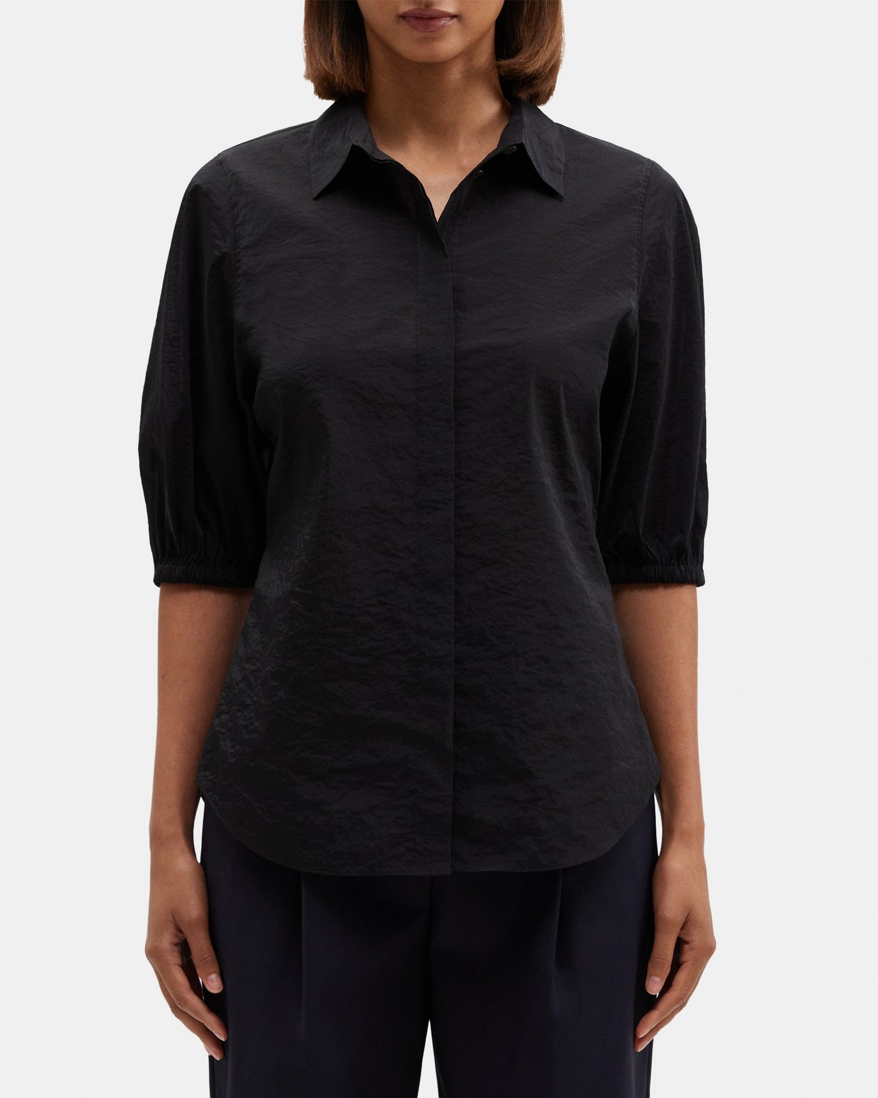 띠어리 Theory Cinched Short-Sleeve Shirt in Tech Taffeta,BLACK