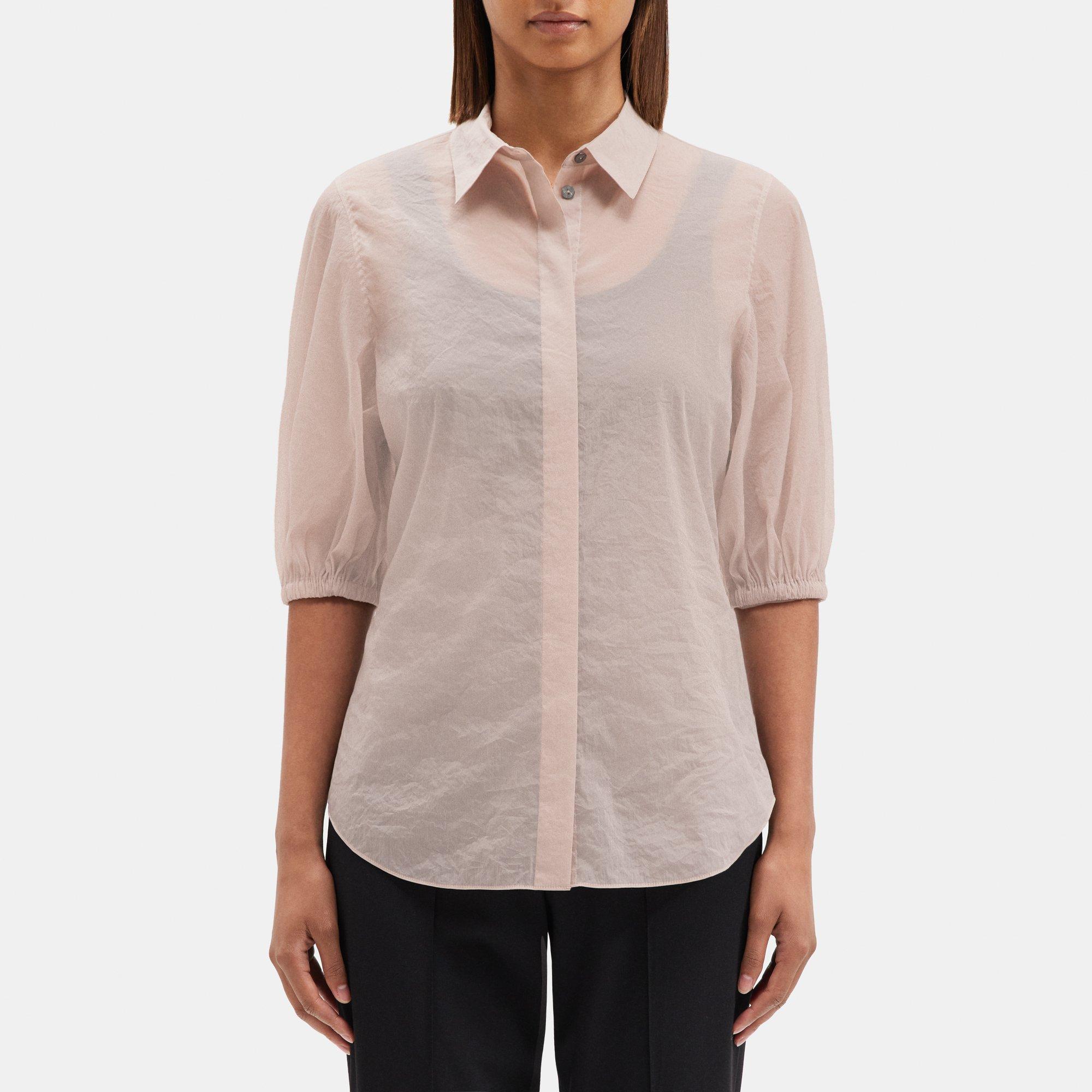 띠어리 Theory Cinched Short-Sleeve Shirt in Tech Taffeta,DRIED PETAL