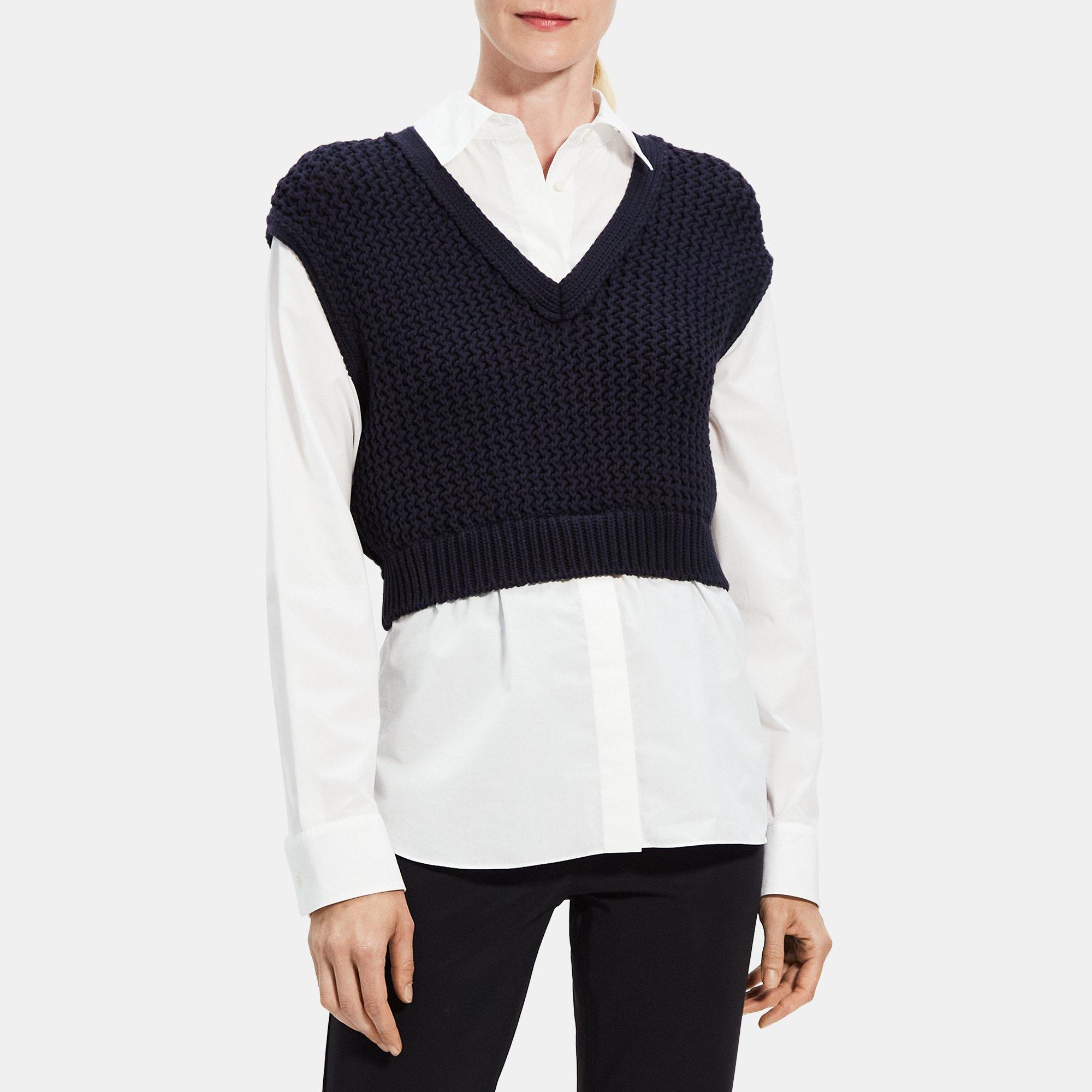띠어리 Theory Combo Sweater Vest Shirt in Stretch Cotton,NAVY/WHITE