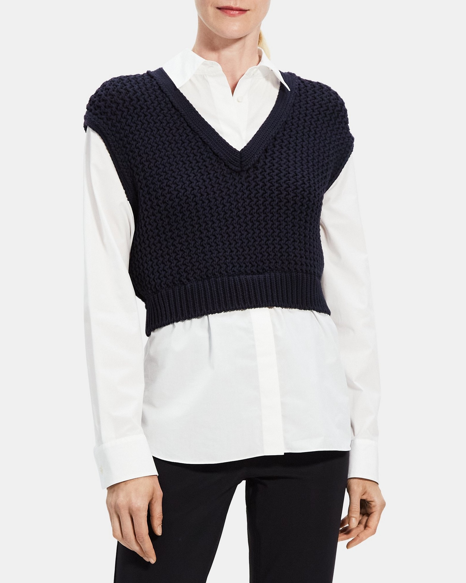 띠어리 Theory Combo Sweater Vest Shirt in Stretch Cotton,NAVY/WHITE