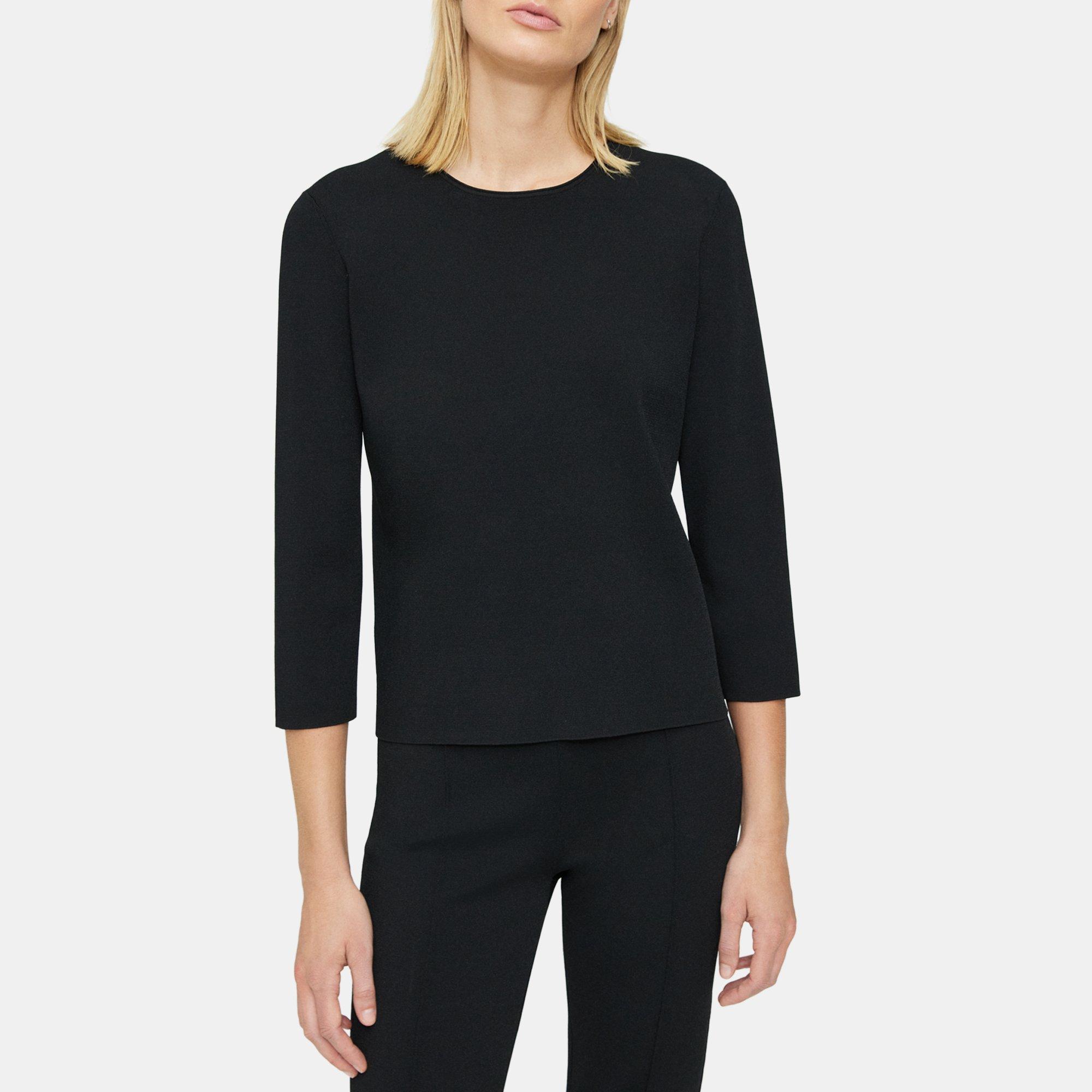 Black Crepe Knit Clean Crewneck Sweater | Theory Outlet