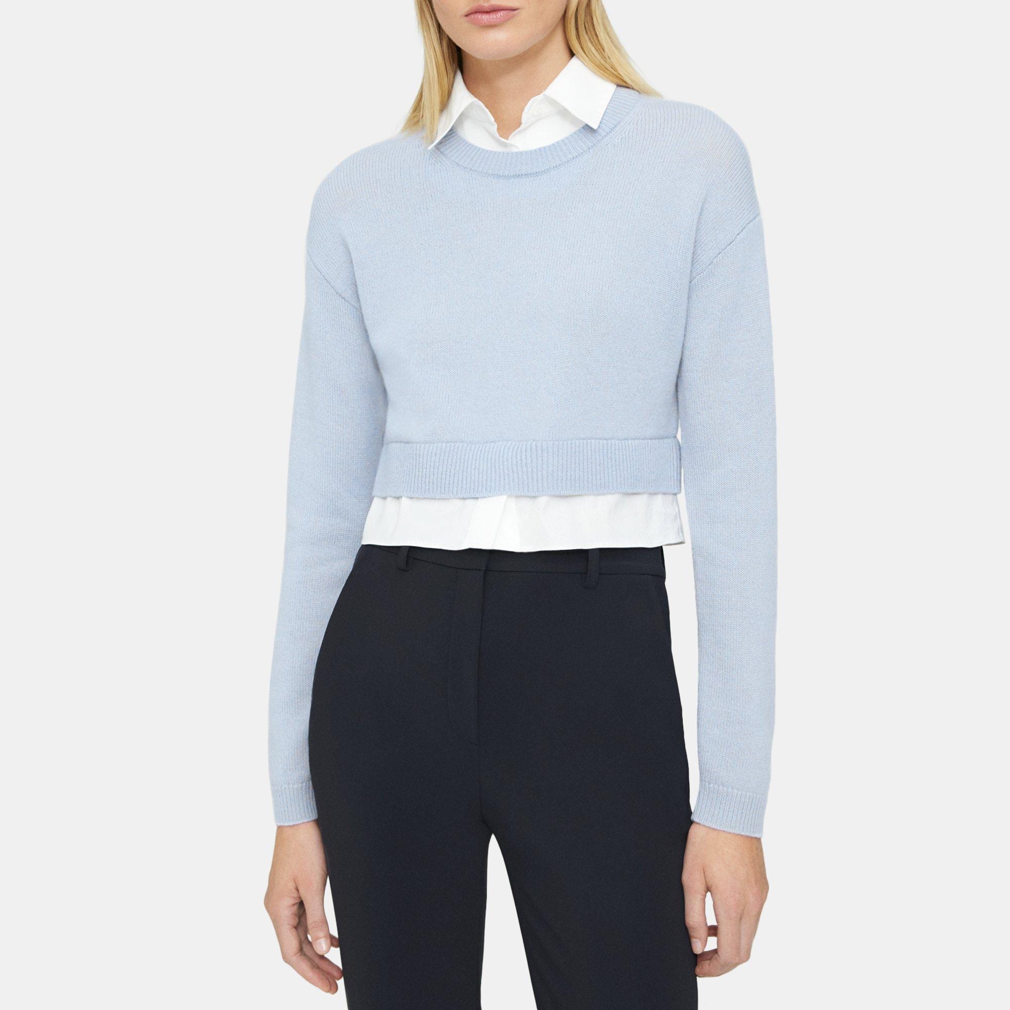 띠어리 Theory Cropped Layered Sweater in Cashmere,WINTER BLUE/WHITE