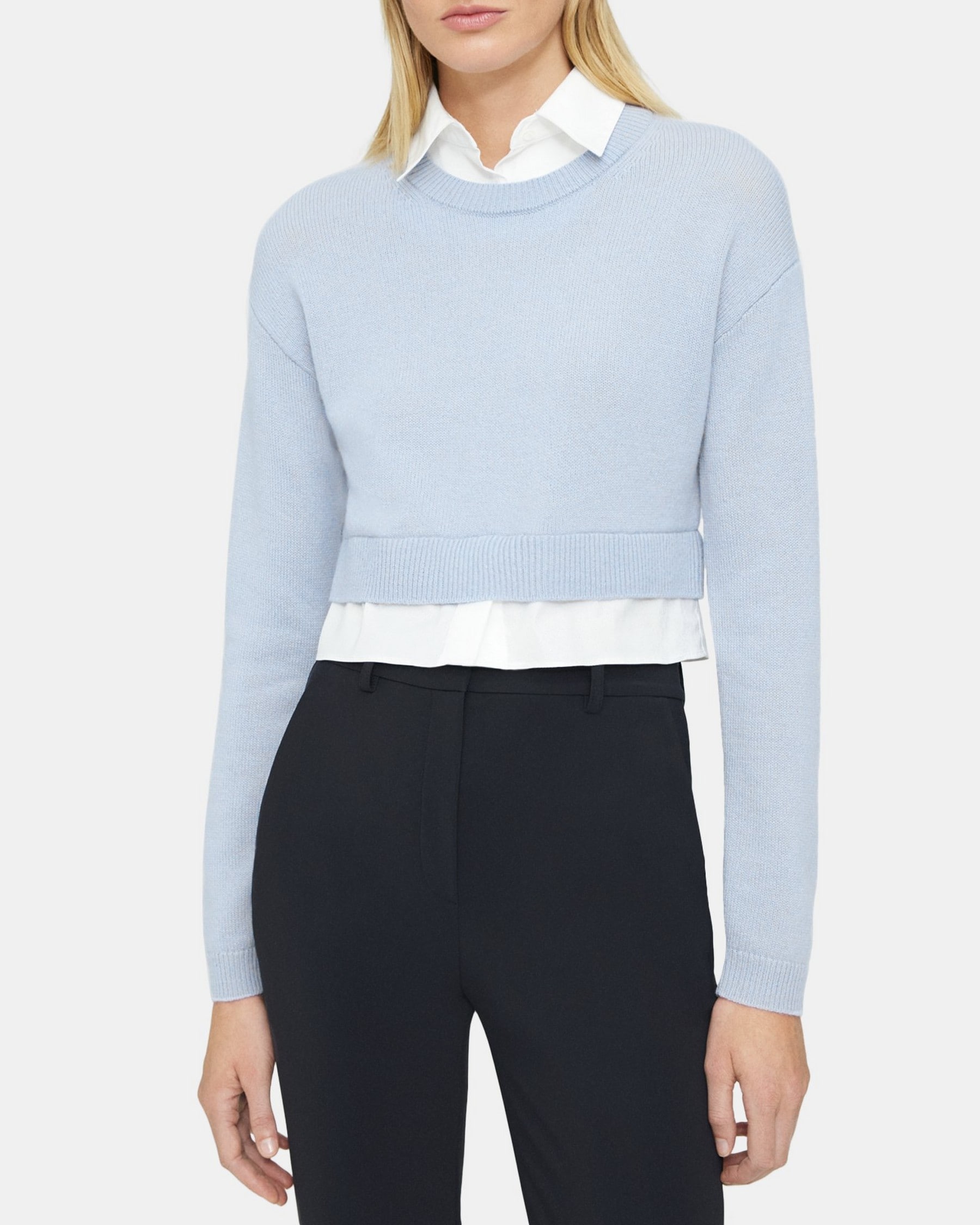 띠어리 Theory Cropped Layered Sweater in Cashmere,WINTER BLUE/WHITE