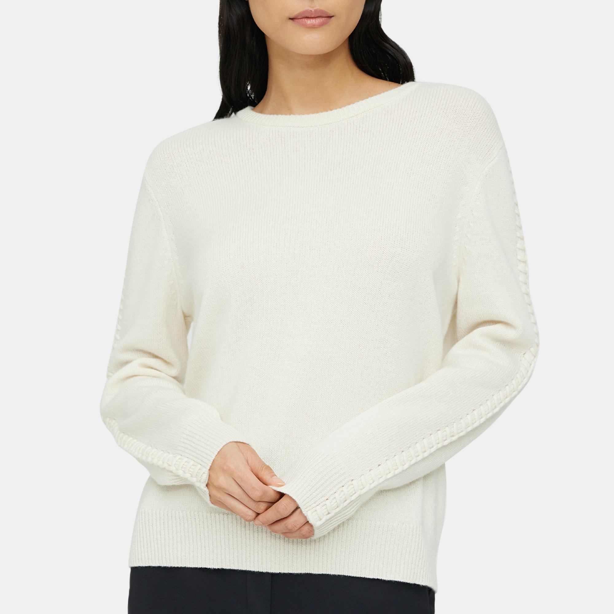 White Cashmere Blanket Stitch Crewneck Sweater | Theory Outlet
