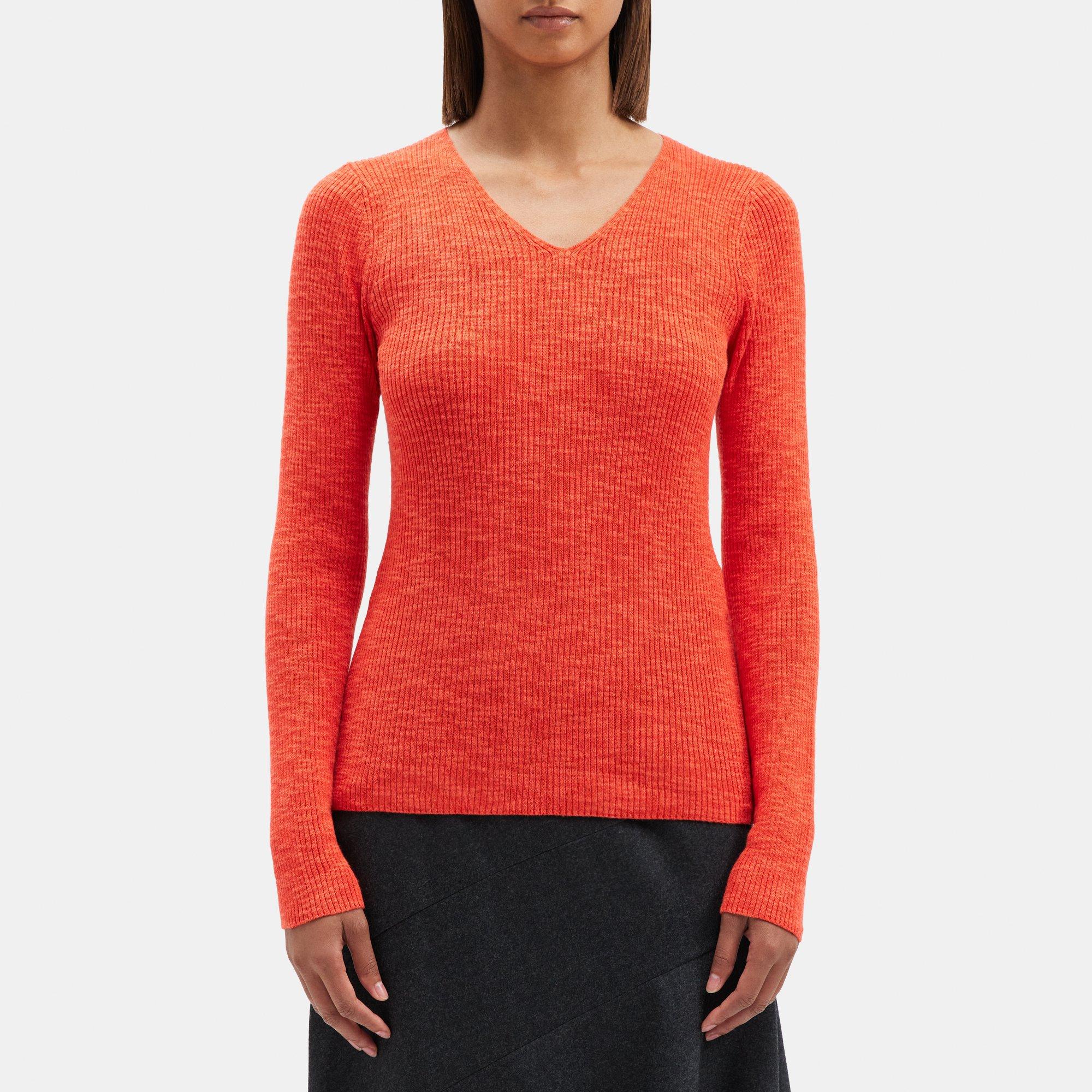 Theory Rib Knit V-Neck Sweater in Slub Cotton Blend