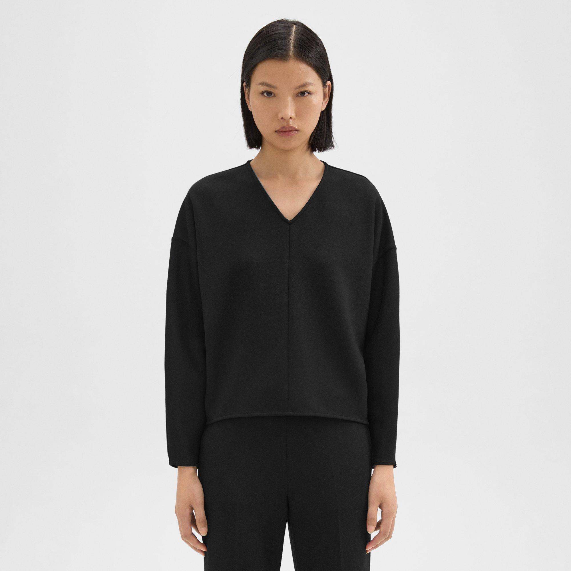 띠어리 Theory Sculpted V-Neck Top in Double-Knit Jersey,BLACK