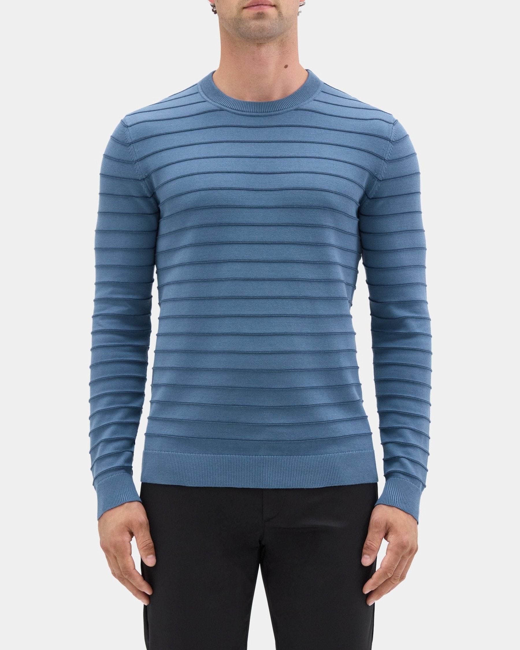 띠어리 Theory Crewneck Sweater in Striped Organic Cotton,BERING/STRATUS NAVY