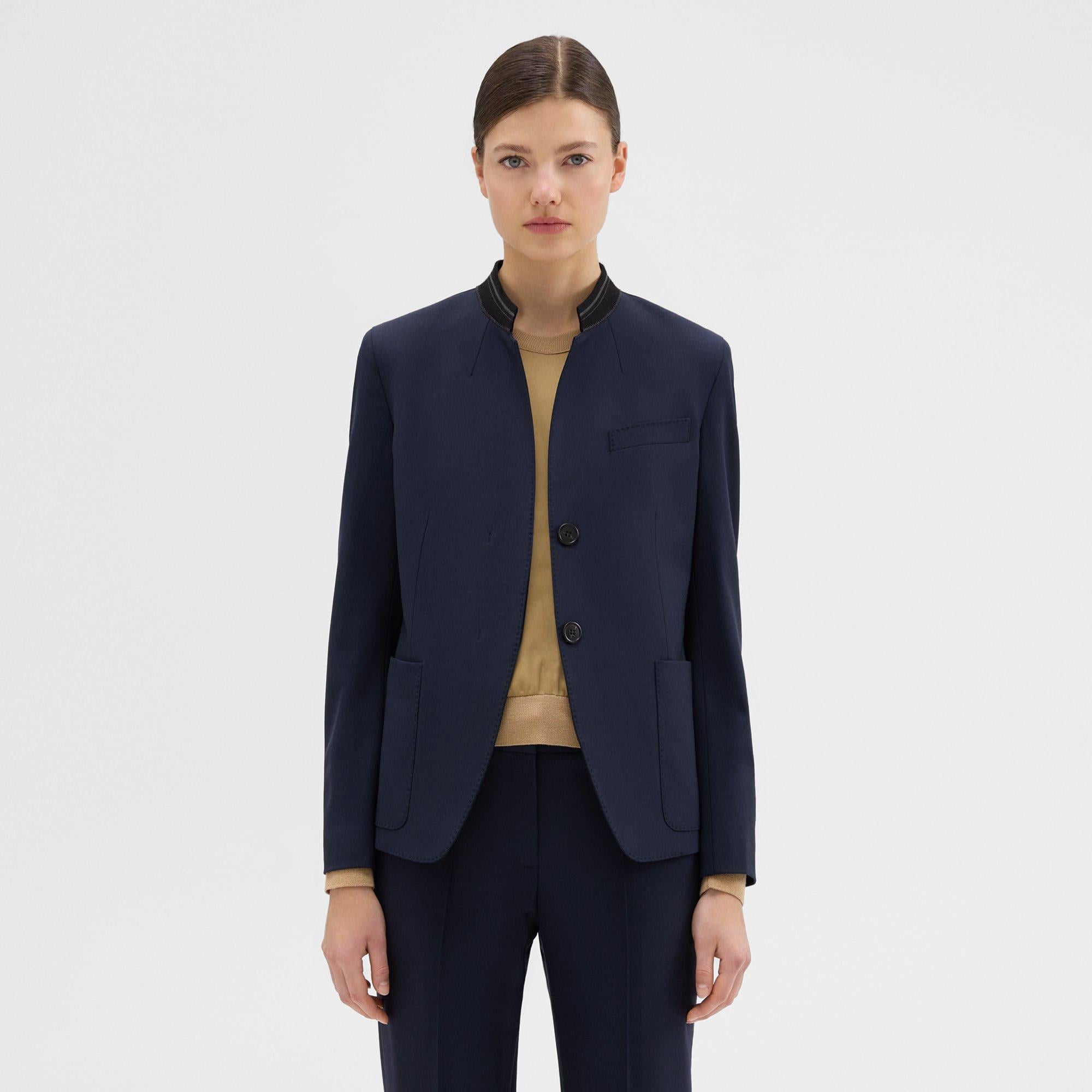 Blue Wool Gabardine Stand-Collar Blazer | Theory Project