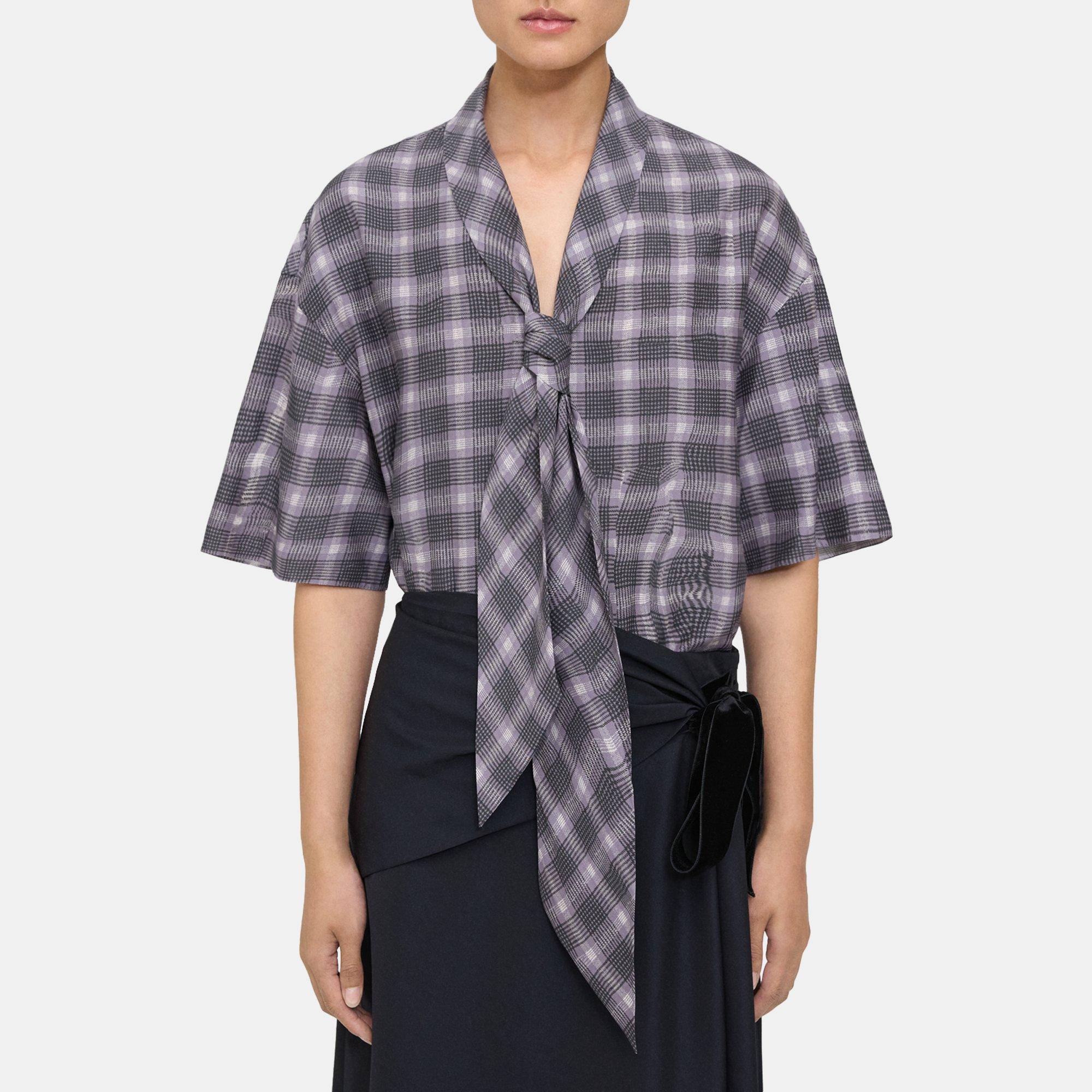 띠어리 Theory Wrinkle Check Tie-Neck Shirt,GREY MULTI