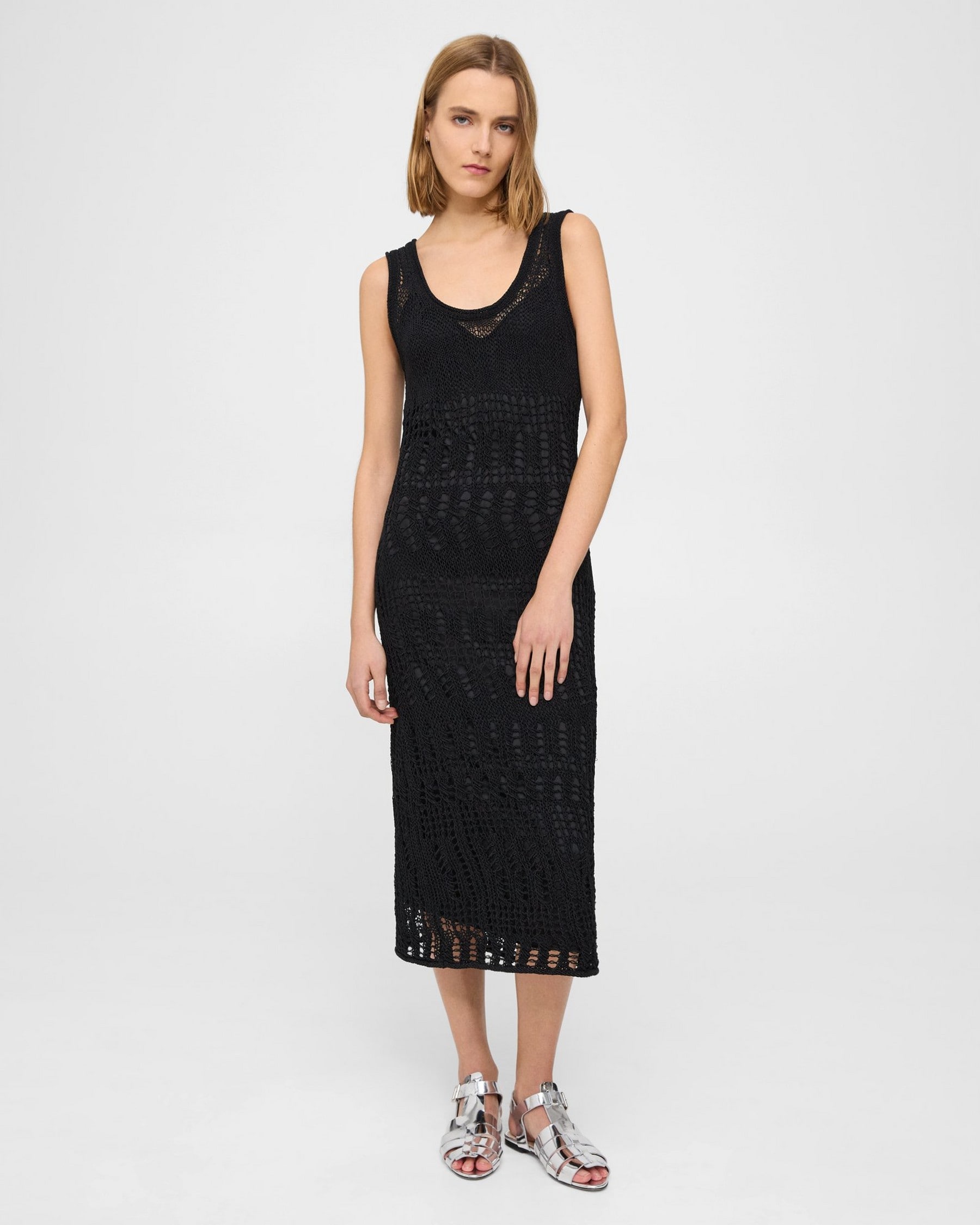 띠어리 Theory Open Stitch Midi Dress in Cotton-Blend,BLACK