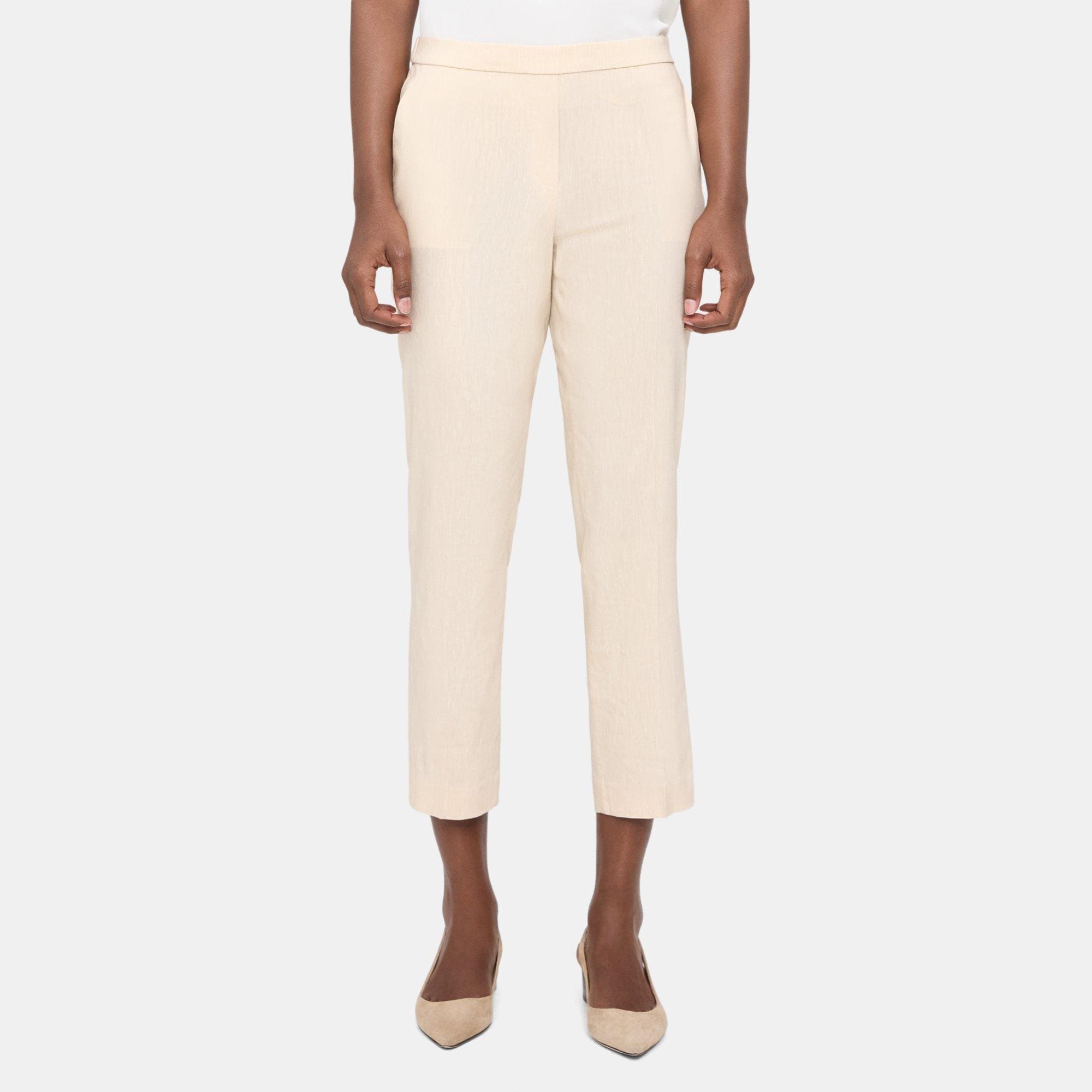 Theory Slim Cropped Pull-On Pant in Linen Blend Melange