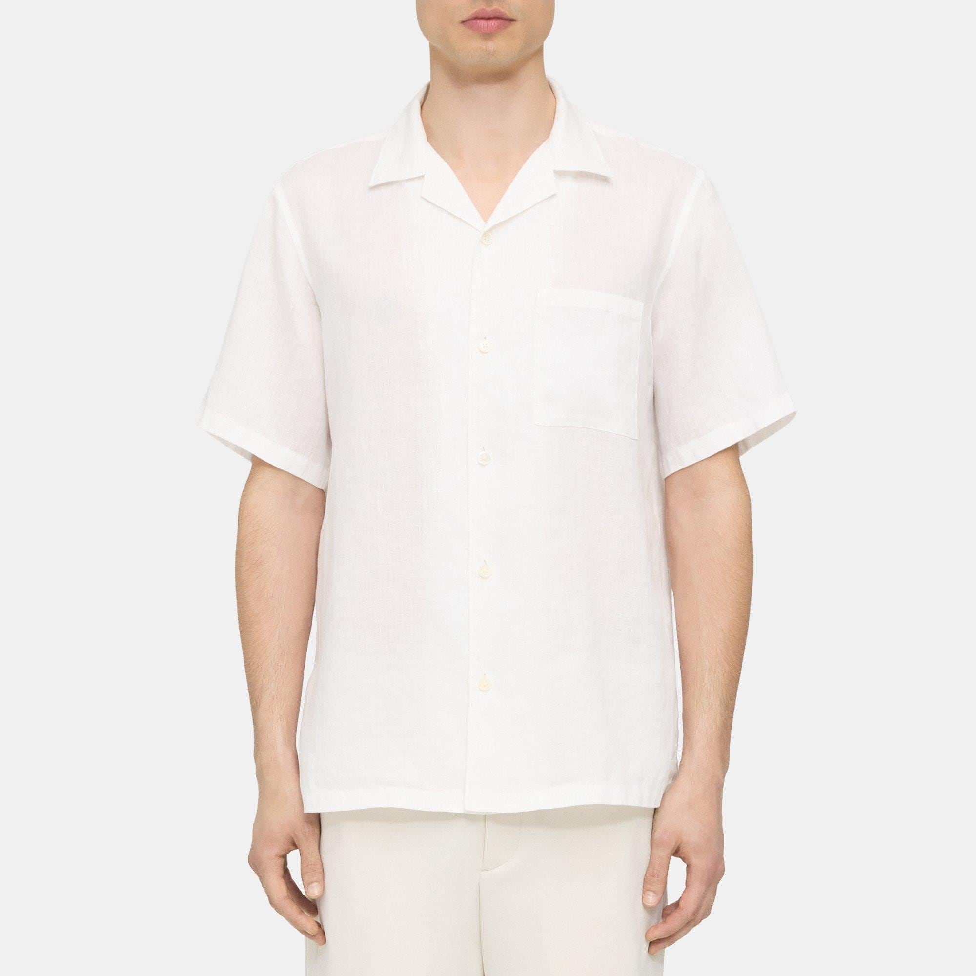 띠어리 Theory Noll Short-Sleeve Shirt in Relaxed Linen,OPTIC WHITE