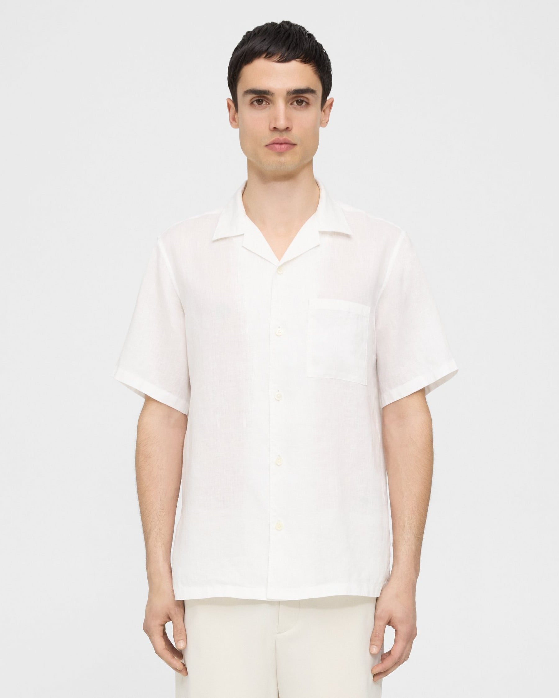 띠어리 Theory Noll Short-Sleeve Shirt in Relaxed Linen,OPTIC WHITE