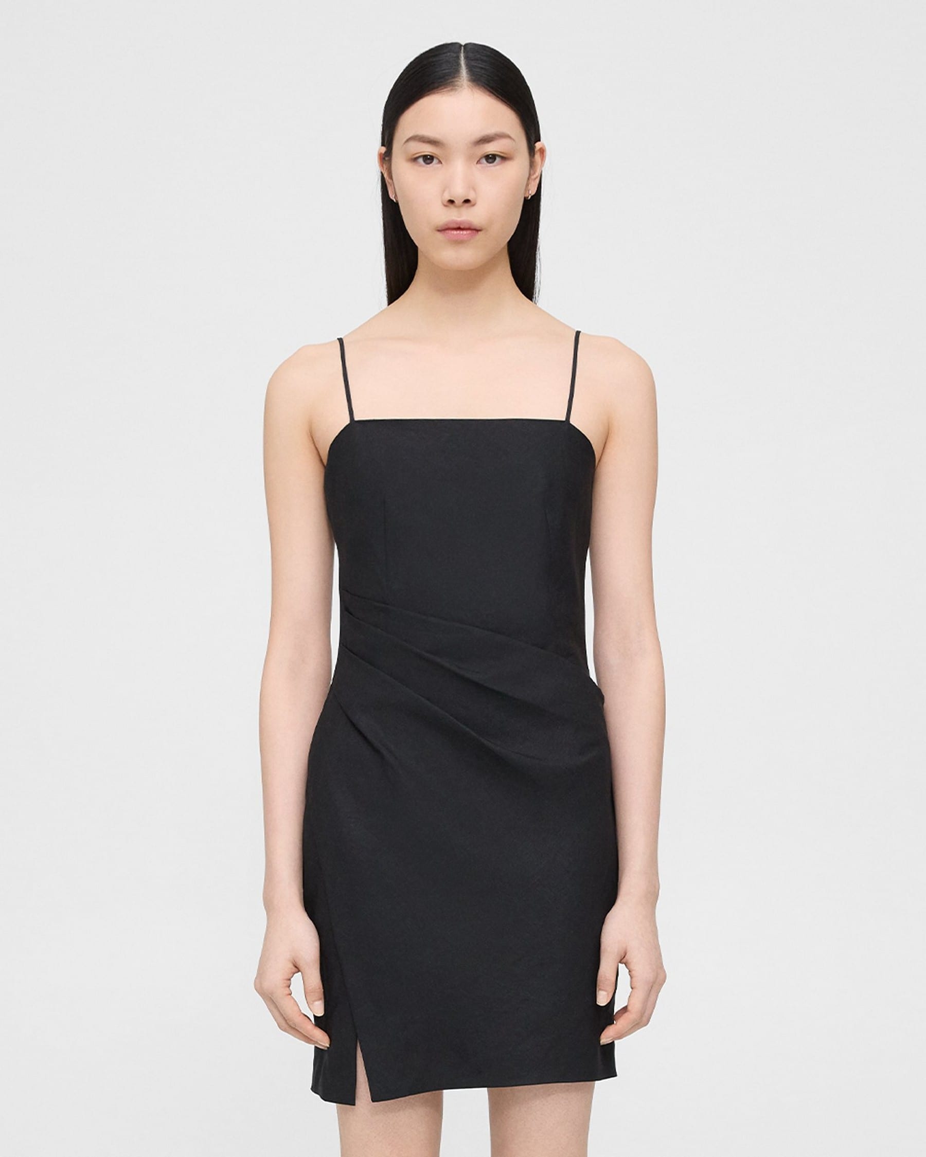 띠어리 Theory Pleated Mini Dress in Linen,BLACK